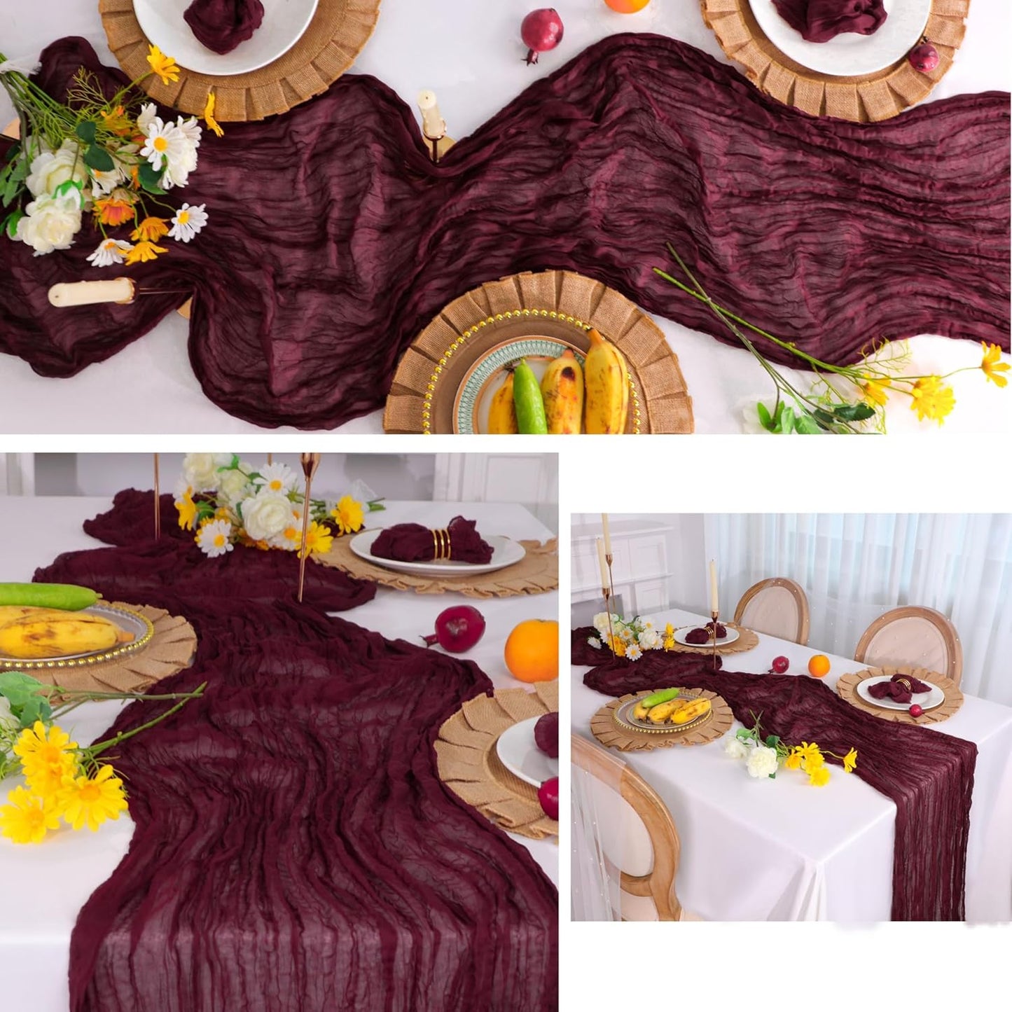 Snowkingdom 10 Ft Burgundy Red Fall Thanksgiving Cheesecloth Table Runner, Cheese Cloth Boho Rustic Gauze Runner for Wedding Bridal Baby Shower Birthday Christmas Sheer Home Table Decorations