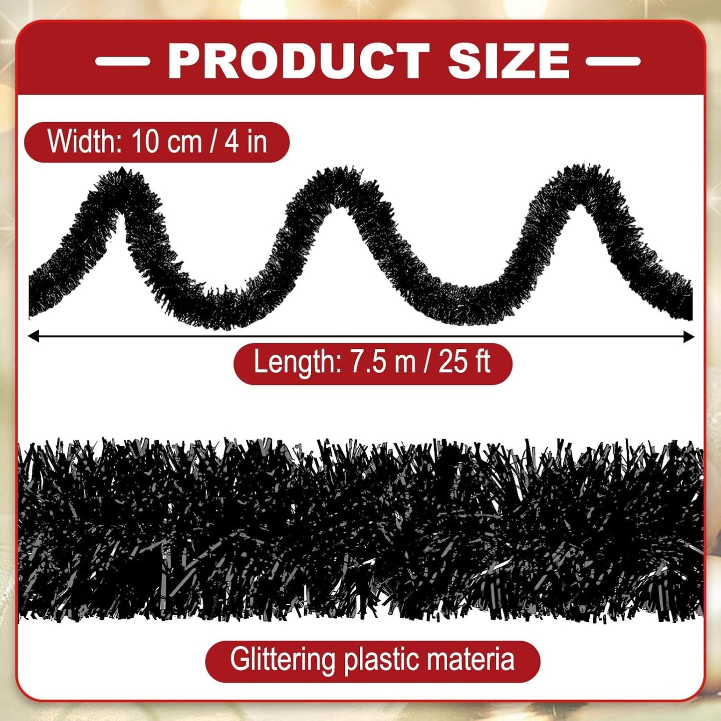 25 Feet Metallic Twist Tinsel Garland - Wall Hanging Backdrop for Parade Floats, Christmas Eve, New Year, Valentine's Day Parties (Black, 4in x 25ft)