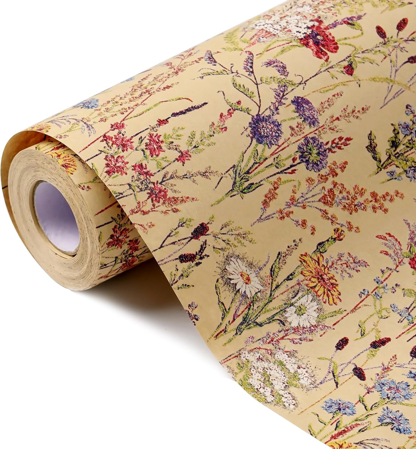 Tyzarglef Wild Flower Wrapping Paper Roll, 17 Inches x 32.8 Feet Kraft Floral Design Wrapping Paper for Women Girls Gifts, Birthdays, Weddings, Bridal Shower and Engagement