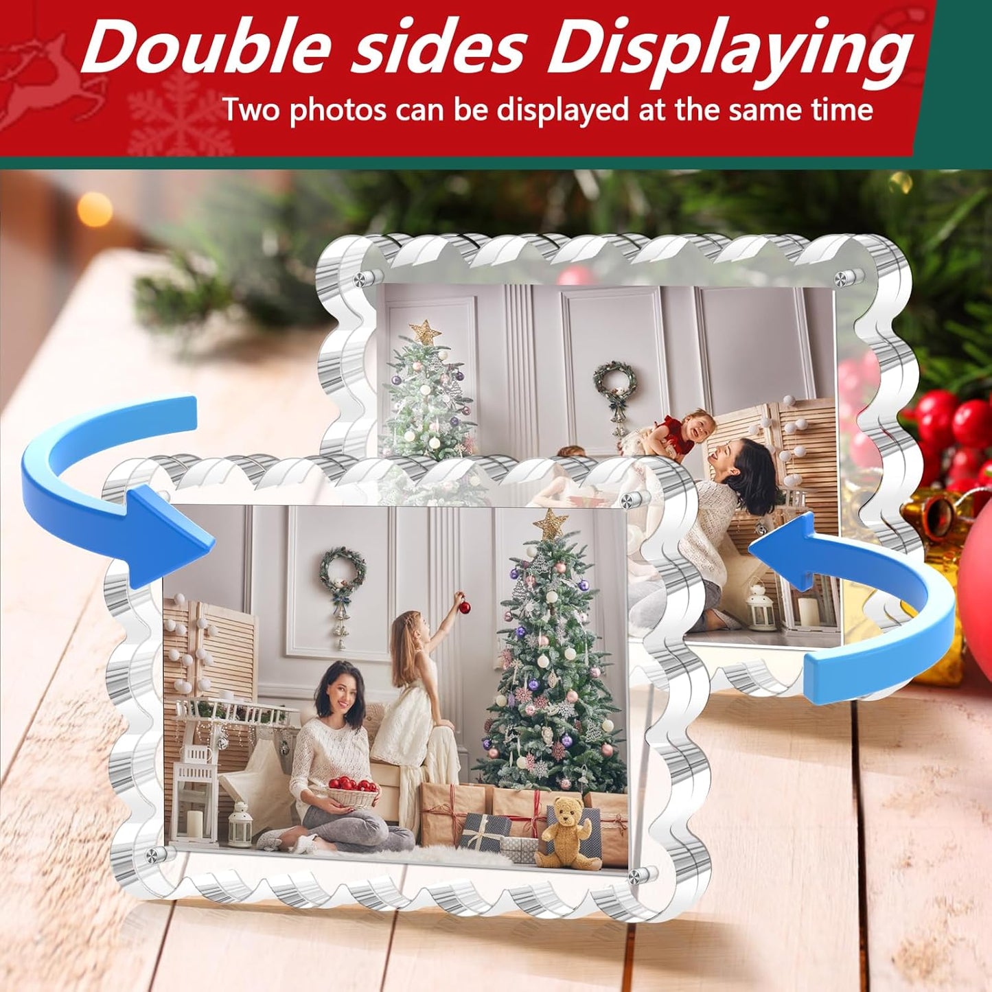 3 Pack Acrylic Picture Frame - 4x6 Magnetic Picture Frames, Double Sided Magnet Frames,10+10mm Thick Block, Clear Frameless Photo Scalloped Freestanding for Desktop Display