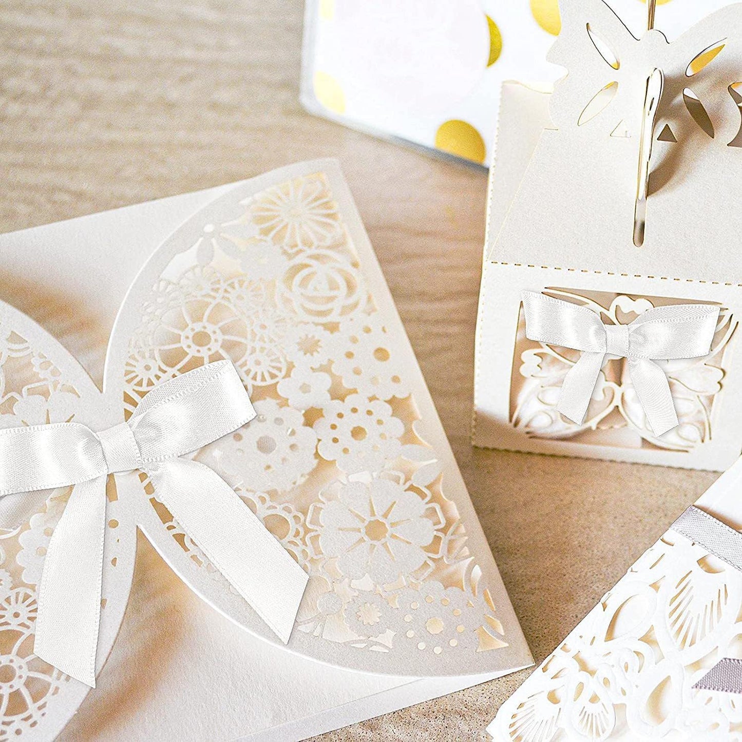 114 Pack Twist Tie Bows for Treat Bags 3" White Satin Ribbon Bows for Package Craft, Gift Wrapping Decoration, Candy Bags, Bakery Bags, Wedding, Baptism, Tableware Decor Party Decoration