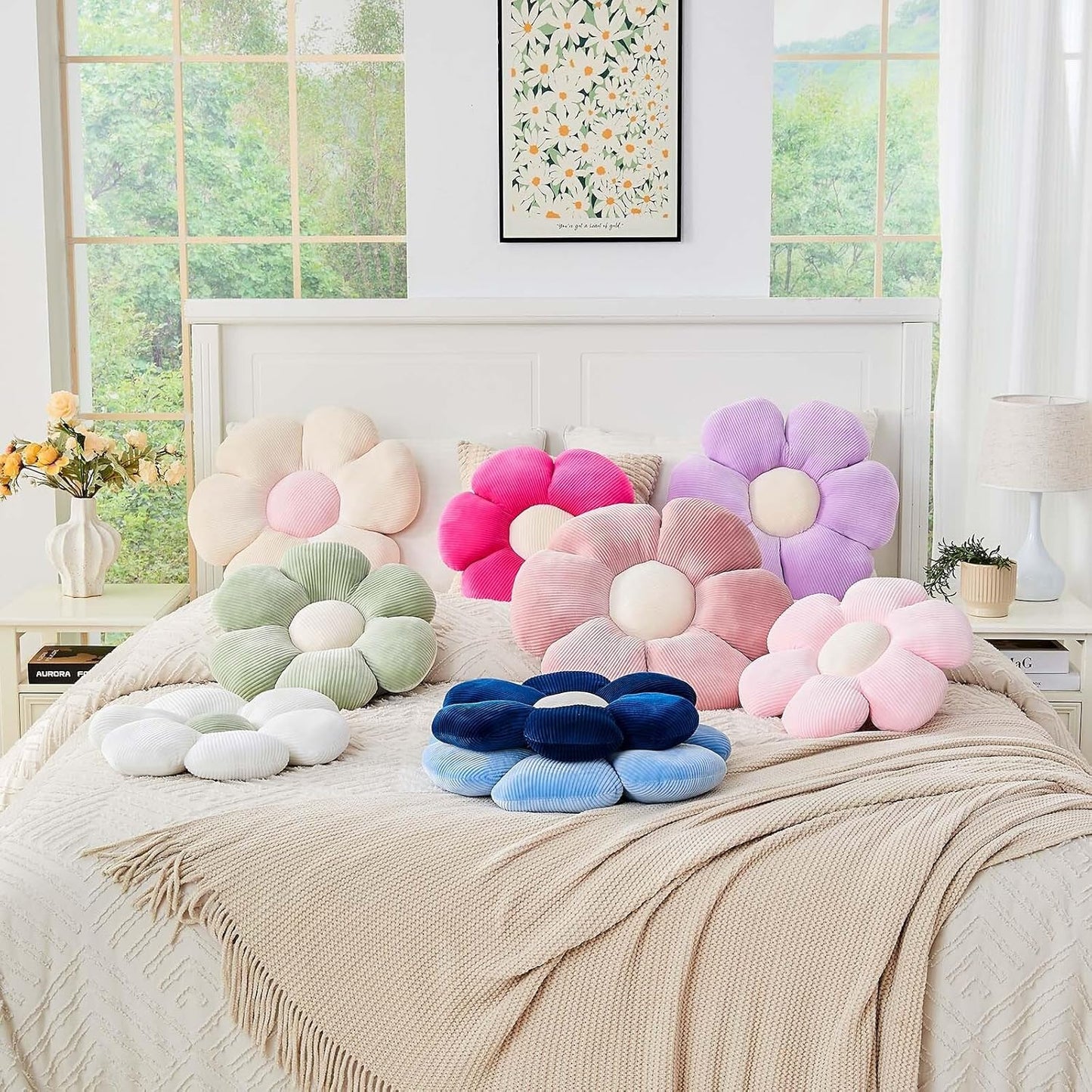 Pink Flower Pillow, 19.6" Cute Flower Shaped Floor Pillow, Aesthetic Floral Plush Daisy Decorative Throw Pillows for Bed Sofa Couch