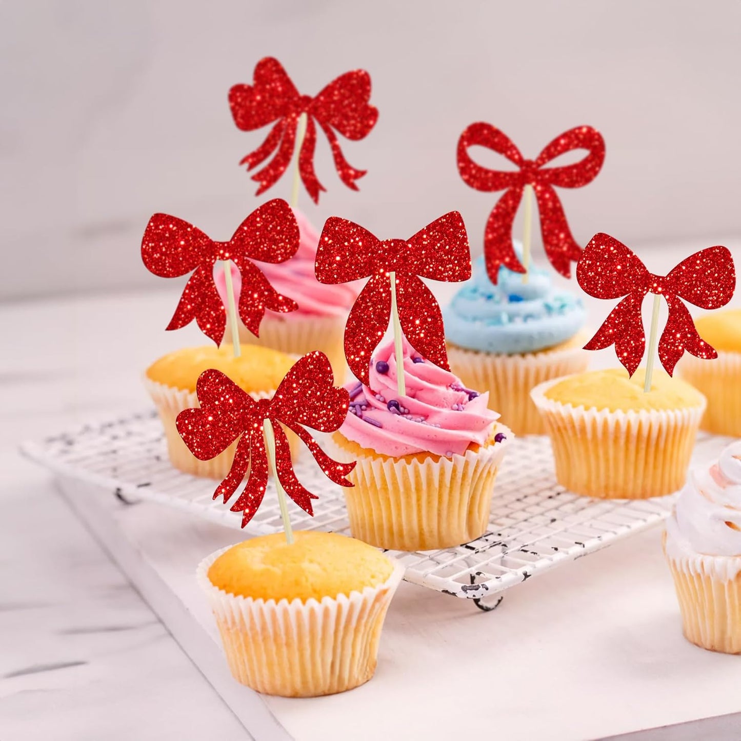 Gyufise 36Pcs Bow Cupcake Toppers Glitter Bowknot Cupcake Picks Bow Tie Birthday Decorations Princess Bow Cupcake Decorations for Bowknot Theme Baby Shower Birthday Party Supplies Red