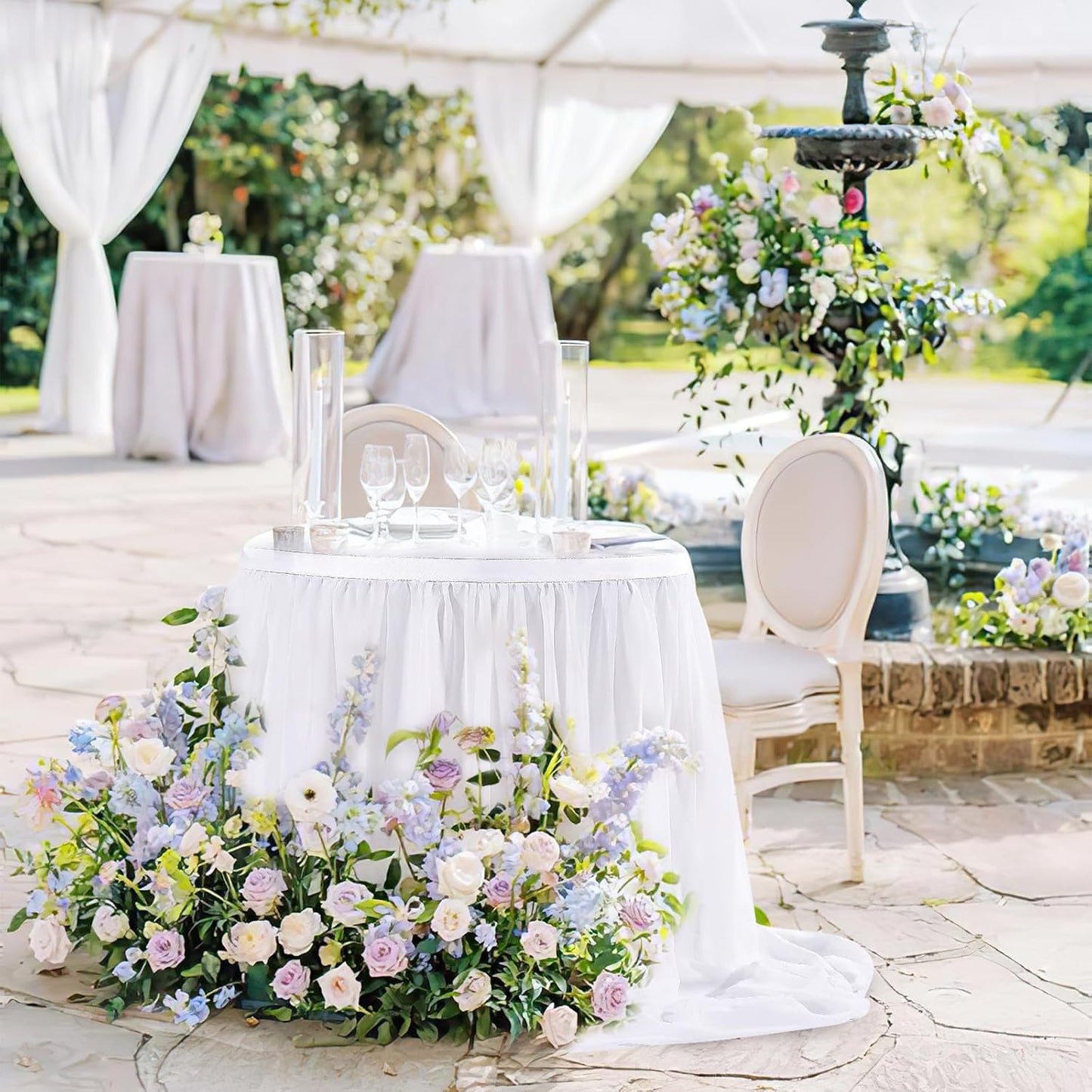White Table Skirt for Rectangle Tables 14FT Chiffon Sheer Tablecloth for Birthday Party Sweetheart Cake Table Decoration