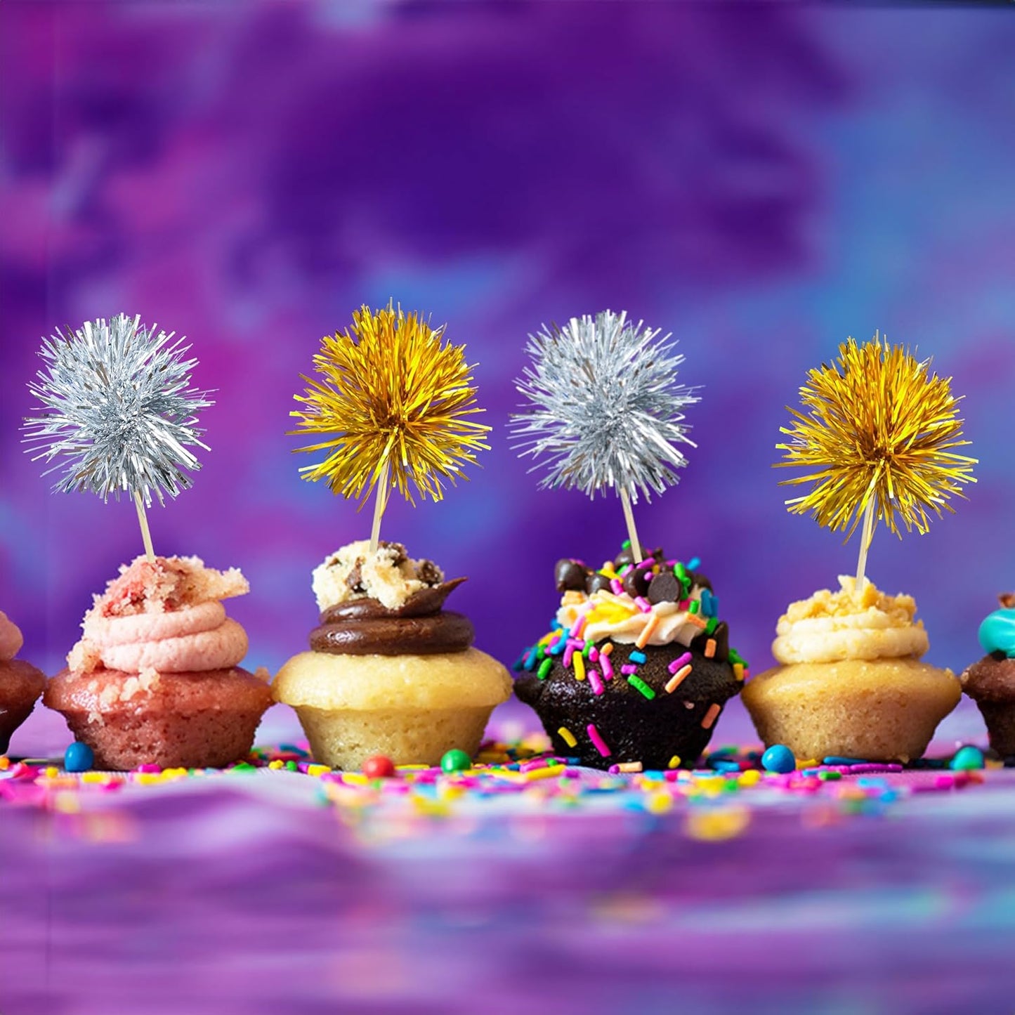 Gyufise 30Pcs Foil Firework Cupcake Toppers Sparkle Tinsel Cake Toppers Tinsel Drink Cake Decoration Cocktail Picks for Birthday Wedding Graduation Party Supplies Gold Silver