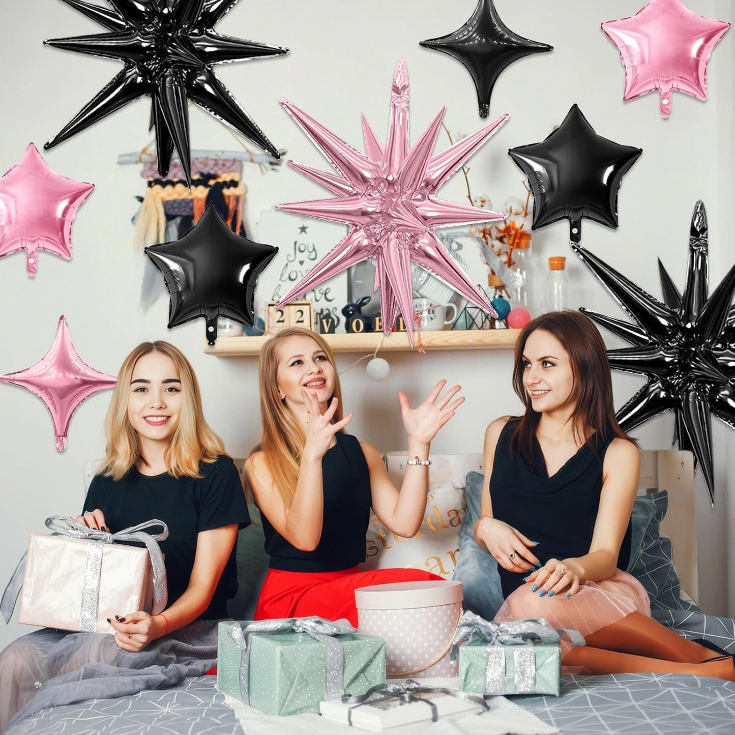 Pink Black Star Balloon,16Pcs Star Foil Balloons Set with 22Inch Explosion Spike Cone Balloons and 10Inch Quadrangle Helium Balloon for Birthday Wedding Baby Shower Party Decorations