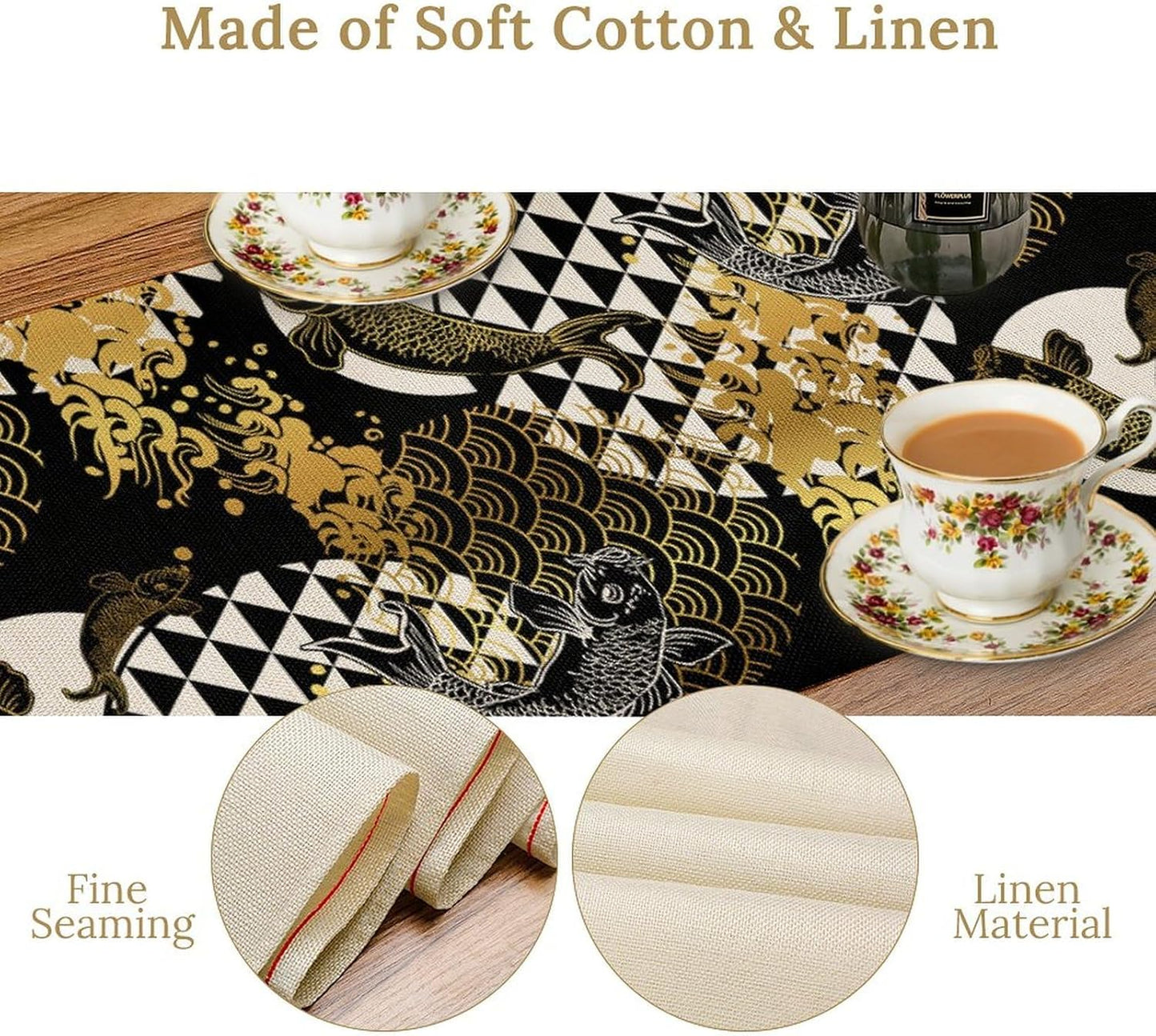 Japanese Table Runner Oriental Tradition Kio Fish Gold Art Printed Burlap Runner Home Kitchen Dining Table Living Room Decor Fabric 1 Panel W13xL70in