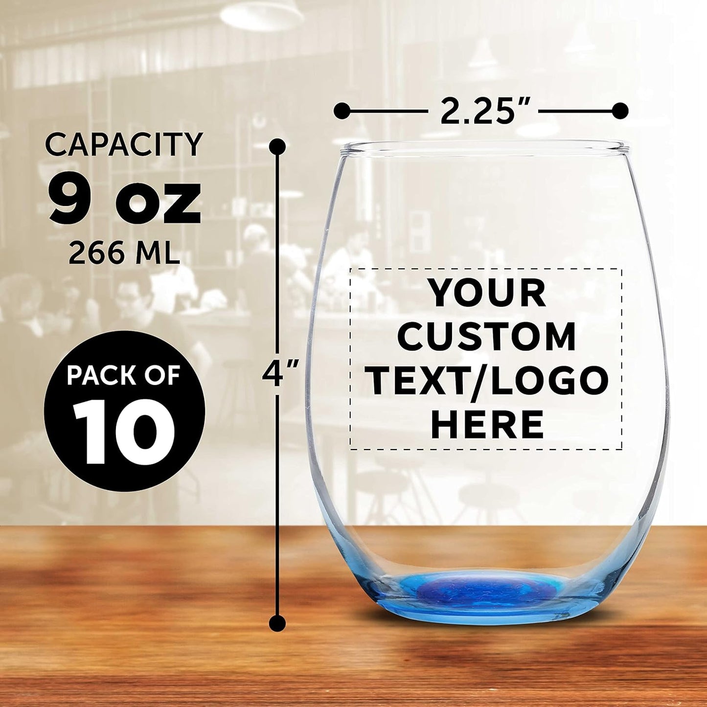 Custom Stemless Wine Glass 9 oz. Set of 10, Personalized Bulk Pack - Great for Wedding Favors, Bachelorette Party Decorations, Party Favors, Color Bottom - Blue