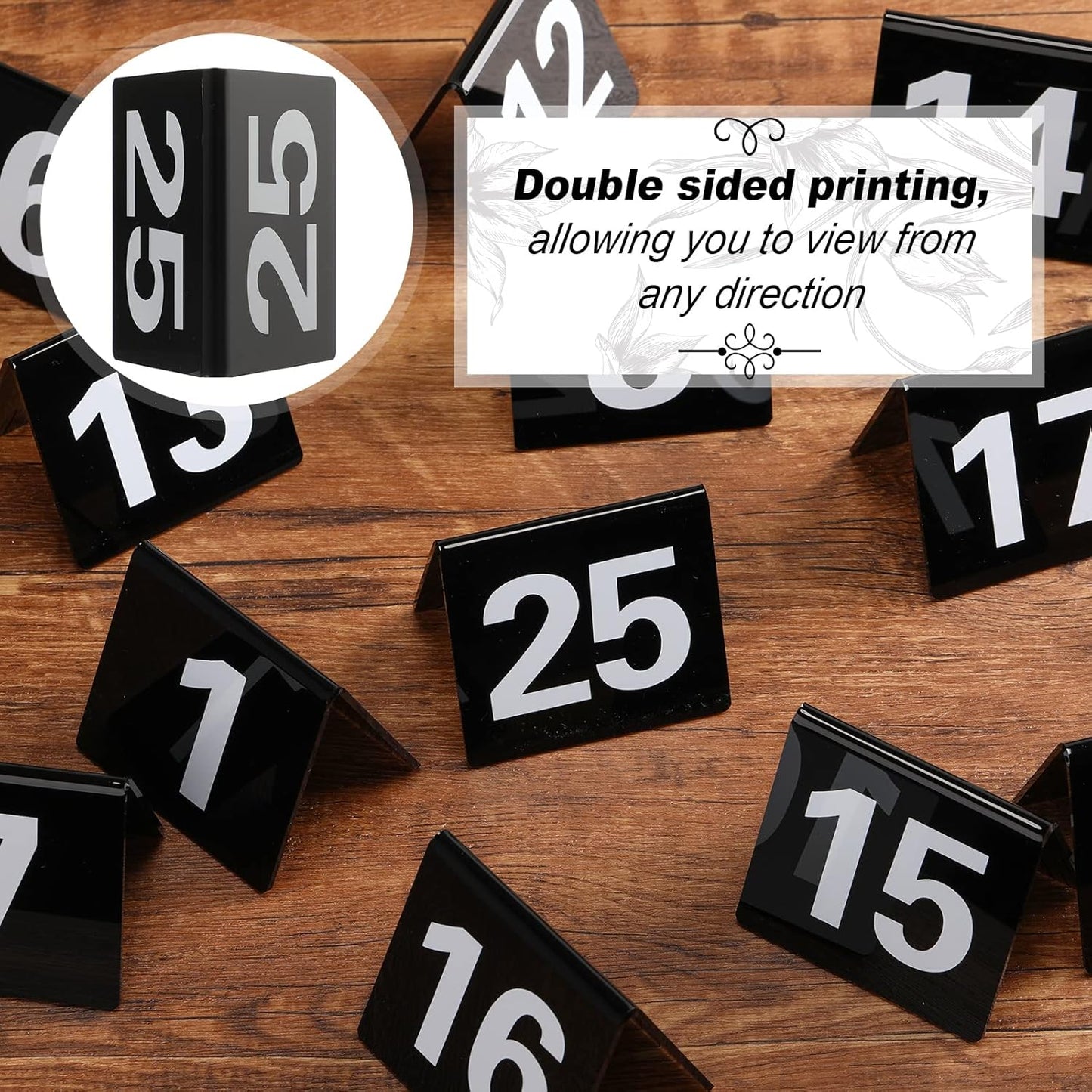 Tuanse Table Numbers 1-25 Acrylic Double Side Numbered Table Tents Plastic Restaurant Wedding Numbers Cards Signs for Party Banquets Wedding Reception(Black, White)