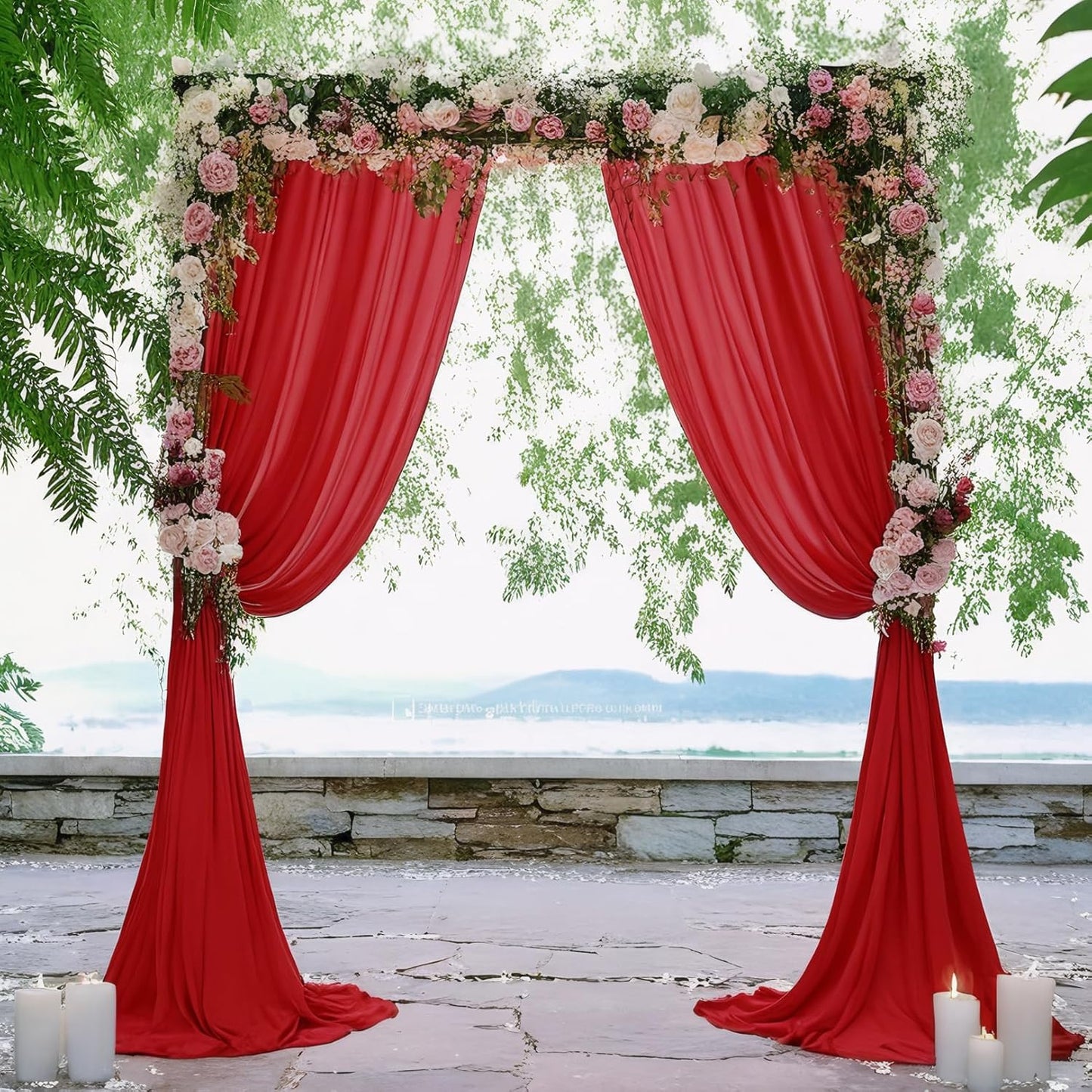 DUOBAO Red Chiffon Backdrop Curtain-2 Panels 29x120-Inch Wedding Chiffon Backdrop Drapes Beach Curtains for Living Room Voile Window Curtain Photography Backdrop for Wedding Ceremony