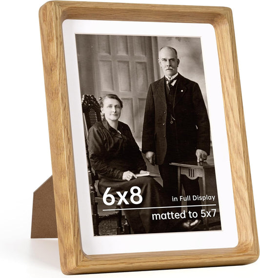6x8 Frame USA-Sourced Natural Oak Wood Solid Wood Photo Frame Handcrafted Rounded Corner with Mat to 5x7 Picture Frames Display with Real Glass Family Picture, Wedding Picture, Photo, Certificate