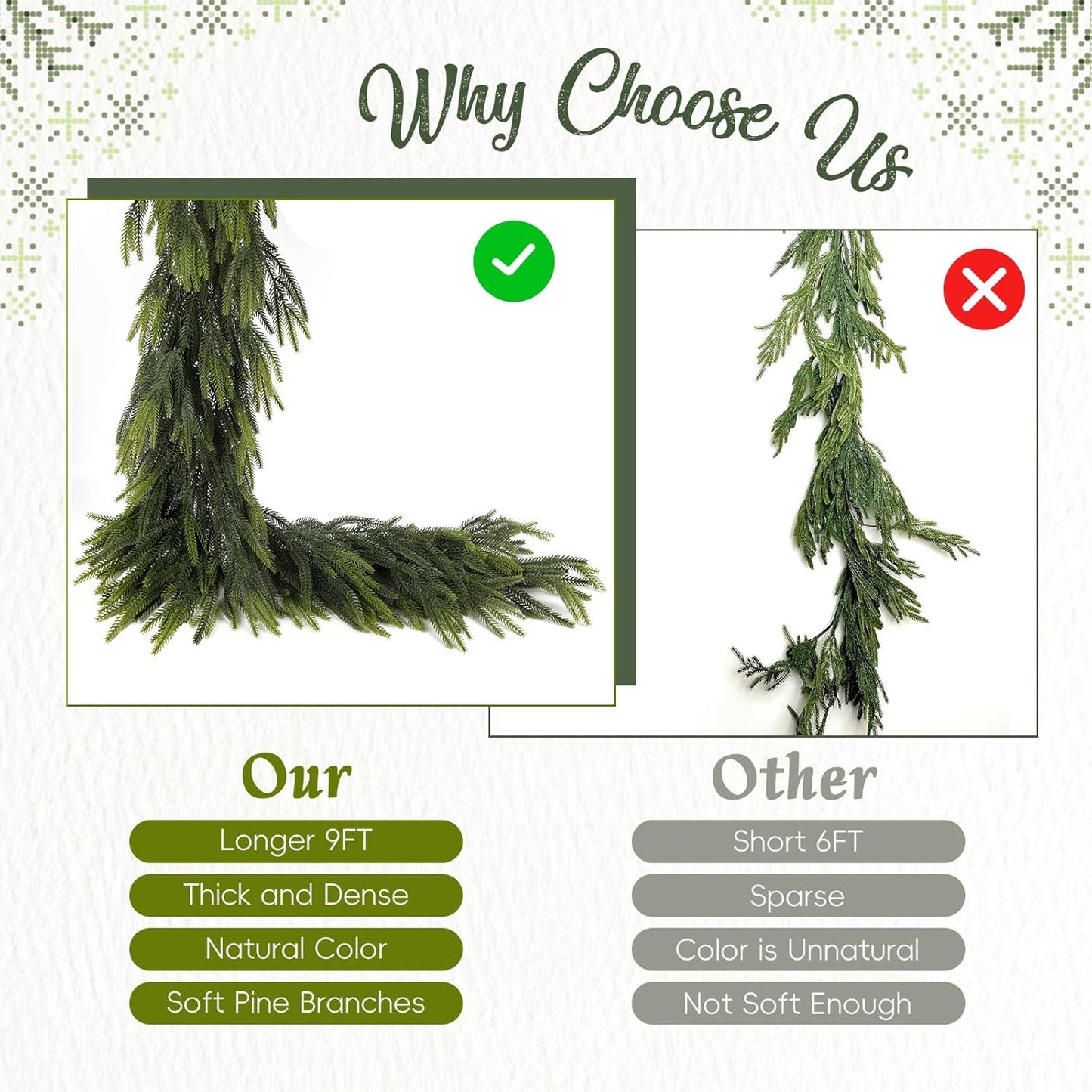 N&T NIETING 9FT Christmas Norfolk Pine Garland, Real Touch Pine Garlands Faux Greenery Garland Winter Christmas Garland for Table Mantle Holiday Indoor Outdoor Xmas Decorations (4 Pcs)