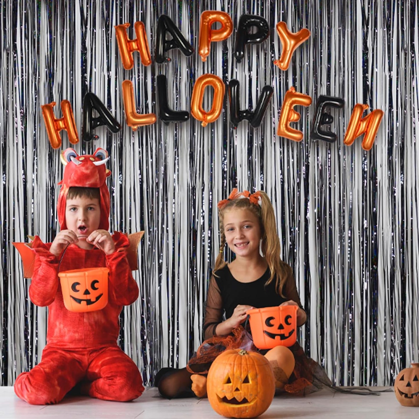 Halloween Party Decorations Indoor for Adults, Melsan 3.2 x 8 ft Black Streamer Tinsel Photo Backdrop for Birthday, Graduations, Fiesta, Halloween Decorations - Pack of 2