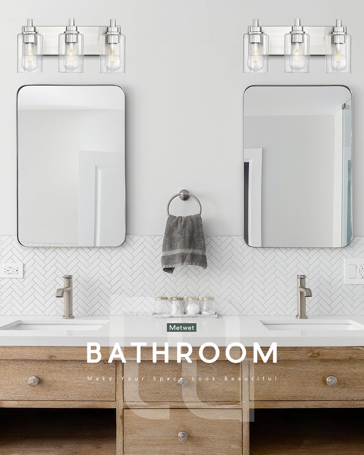 3-Light Bathroom Light Fixtures, Brushed Nickel Vanity Light with Cylinder Clear Glass Shade, Modern Vanity Lighting Fixtures Over Mirror, VL143-BN-3