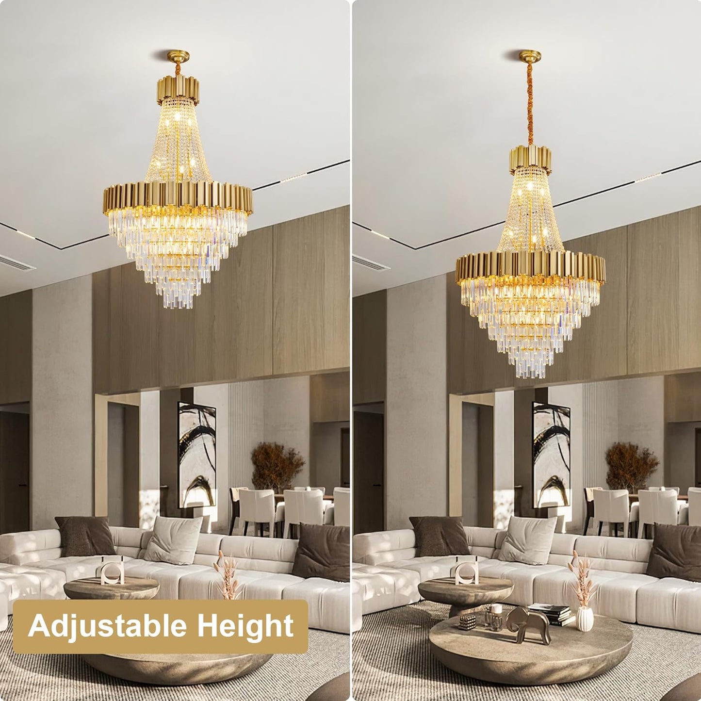 54" Luxury Long Crystal Chandelier for High Ceilings, 21-Light Modern Gold Large Chandeliers for Staircase, Foyer, Entryway, Living Room, Hallway, Contemporary K9 Crystal Tiered Chandelier