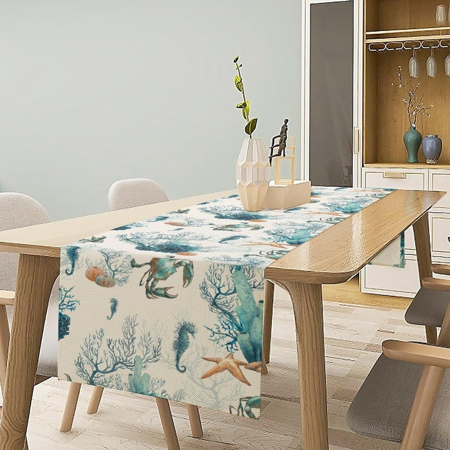 Nautical Coast Table Flag, Ocean Beach Seahorse Shell, Vintage Sailboat Lighthouse Anchor Table Decoration for Indoor and Outdoor Home Party Decor 13x60 Inch