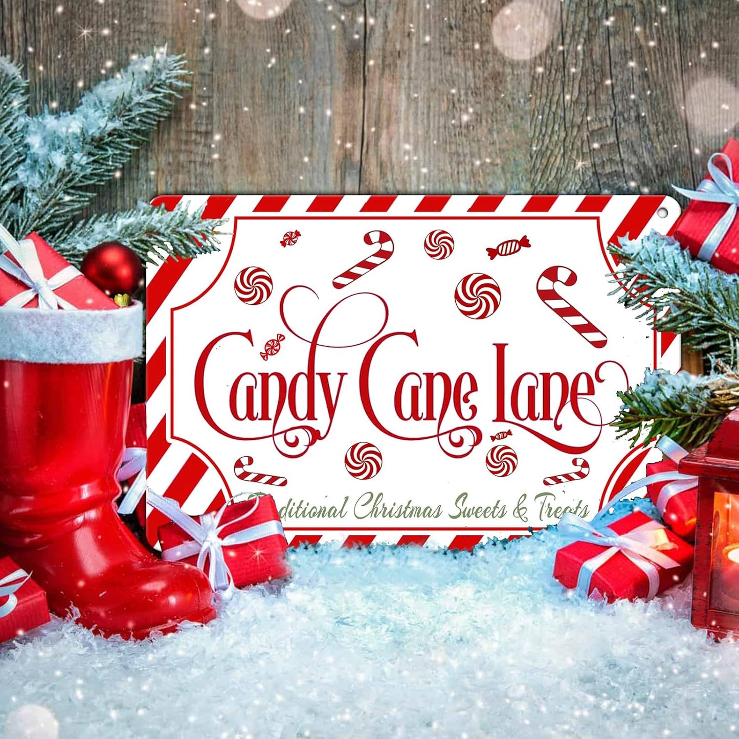 Christmas Candy Cane Lane Metal Tin Sign Traditional Christmas Sweets and Treats Winter Sign for Home Living Room Outdoor or Indoor Wall Decor Gift Christmas Candy Cane Lollipop 12x16Inch