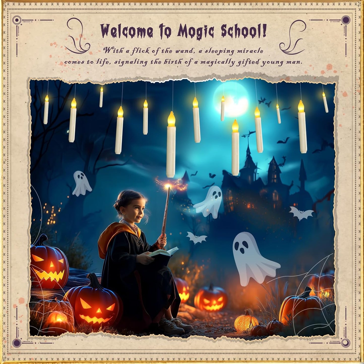 Homemory 20 Pcs Floating Candles with 2 Wand, LED Warm Yellow Magic Deco Candle, Warm Yellow Flameless Taper Candles for Halloween Party Decor