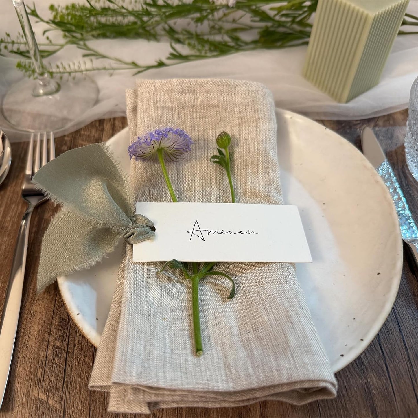 40 Pcs Place Cards for Table Setting - 3.94"X1.57" Table Name Cards with Dusty Green Ribbon Name Tags for Wedding Dinner Party Events