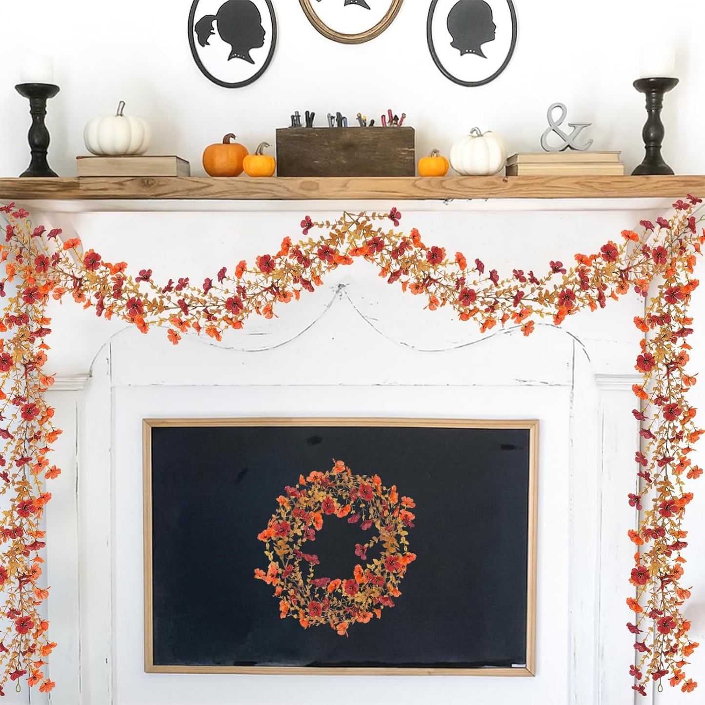 2 Pack Artificial Fall Flowers Garland, 6 FT Fall Decorations UV Resistant Fake Mums Floral Vines Faux Hanging Flower Ivy Garland for Home Party Table Wall Mantel Decor (Orange + Dark Red)