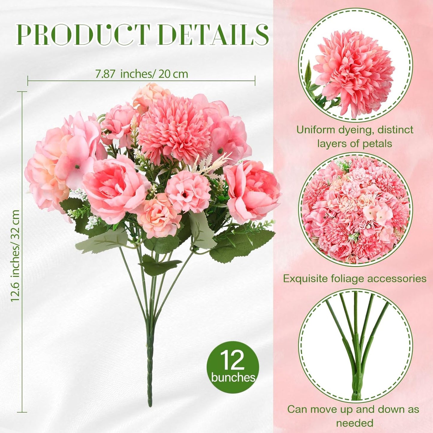 Tigeen Artificial Flowers Artificial Peonies Silk Flowers Faux Peony Fake Peony Silk Hydrangea Bouquet for Wedding Table Centerpiece Floral Vase Decor(Rose Pink,12 Bundles)