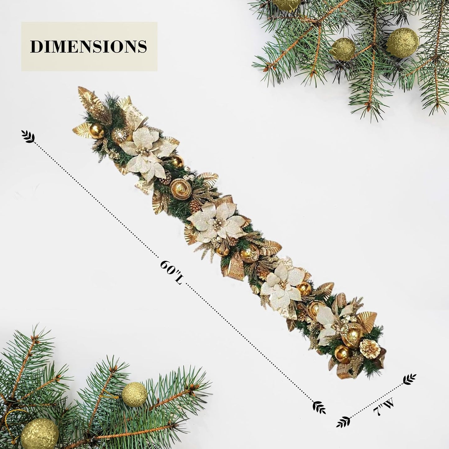 Holiday Tree White Gold Poinsettia Garland 5 Ft – Luxurious Christmas Garland with Metallic Accents, Festive Home Décor for Mantels, Doors & Tables