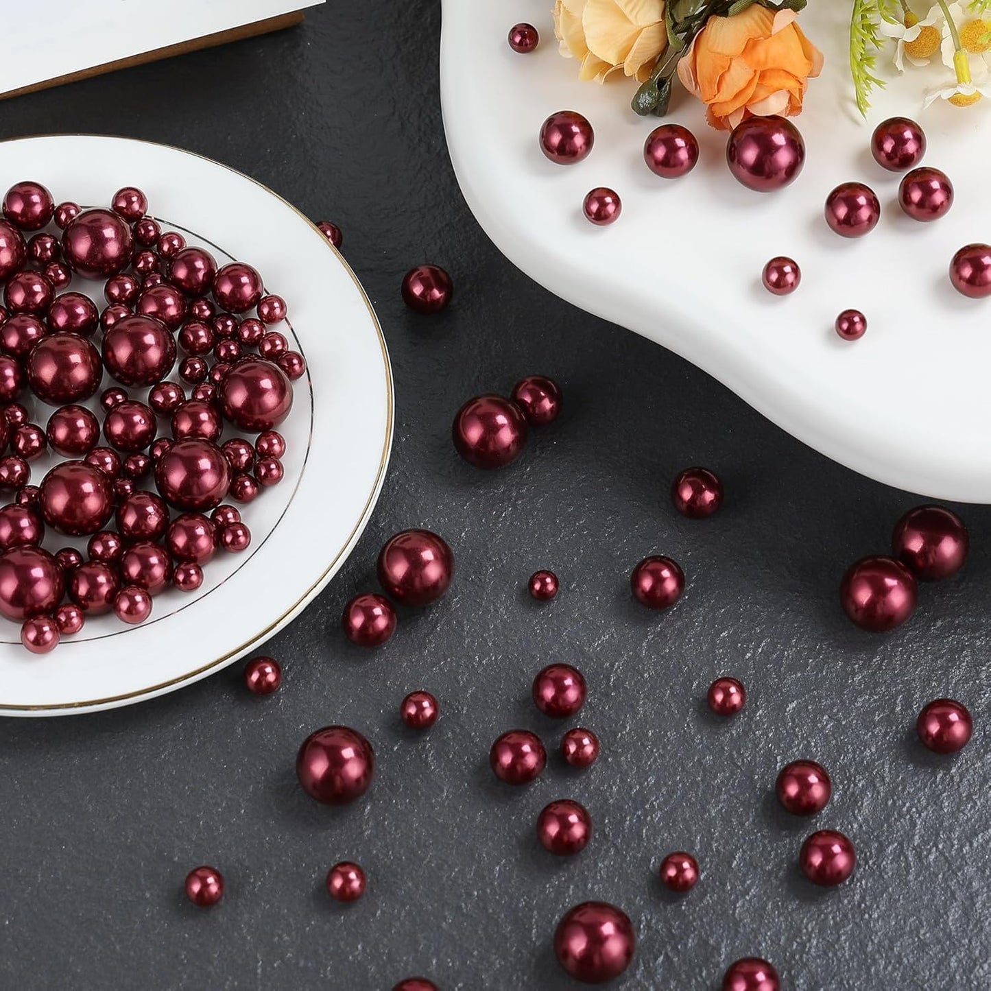 520Pcs WineRed Beads for Centerpieces Decor, Artifical Pearls Vase Filler, Large Beads for Makeup Brush, No Hole Round Pearl Beads for Wedding Birthday Christmas Party Home Decor(18mm 14mm 6mm)