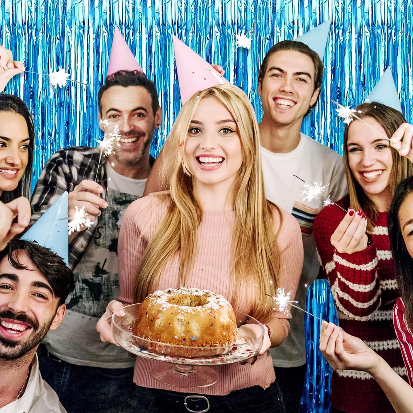 3 Pack Lake Blue Foil Fringe Curtain Backdrop, 3.28Ft x 8.2Ft Metallic Tinsel Foil Fringe Streamer Curtains for Photo Booth, Christmas Day, Thanksgiving, Wedding, New Year Party Decorations