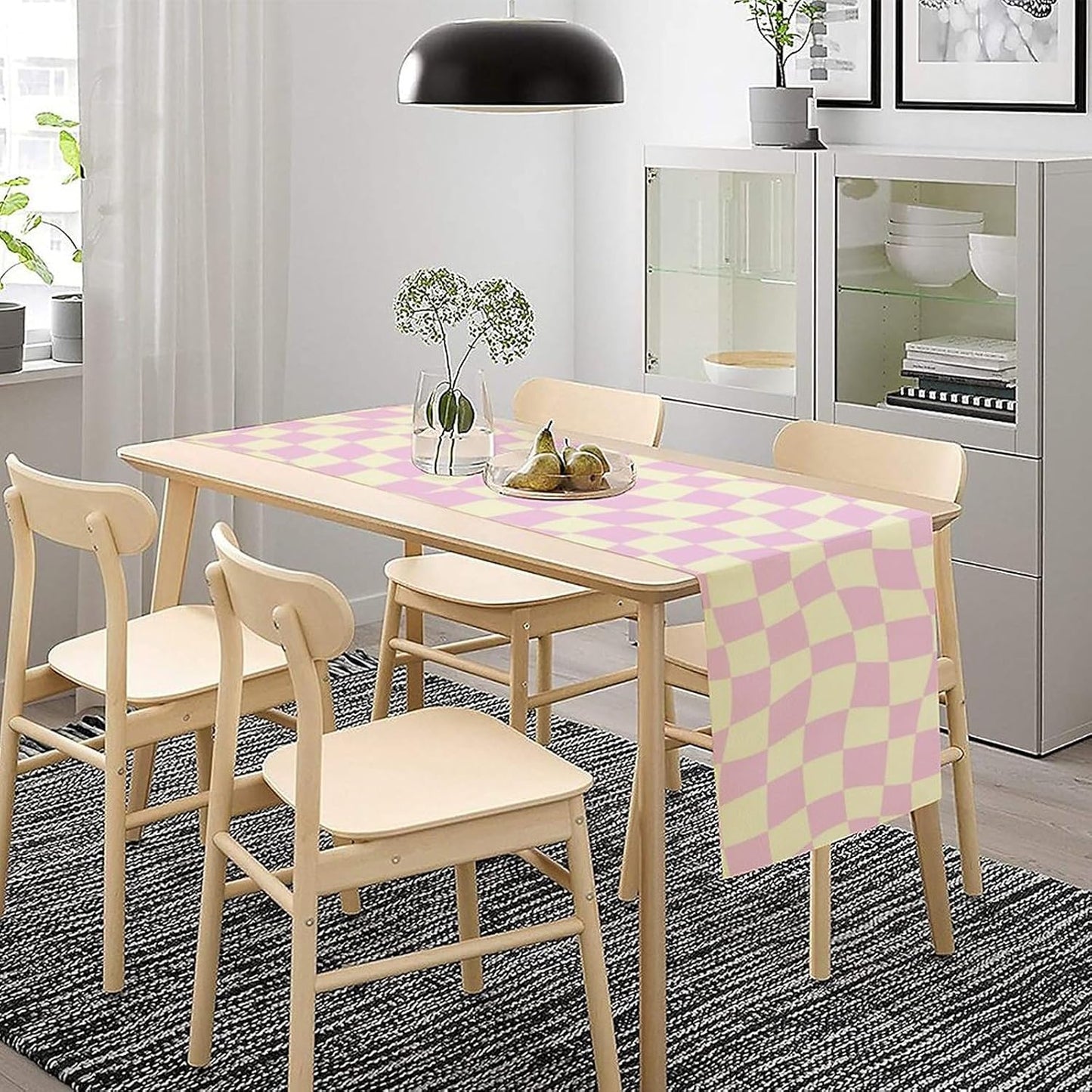 Hippie Table Runner Retro Geometric Square Purple Grid 60s70s Style Kitchen Restaurant Decoration for Indoor and Outdoor Wedding Party Table Runner 13x108 Inch