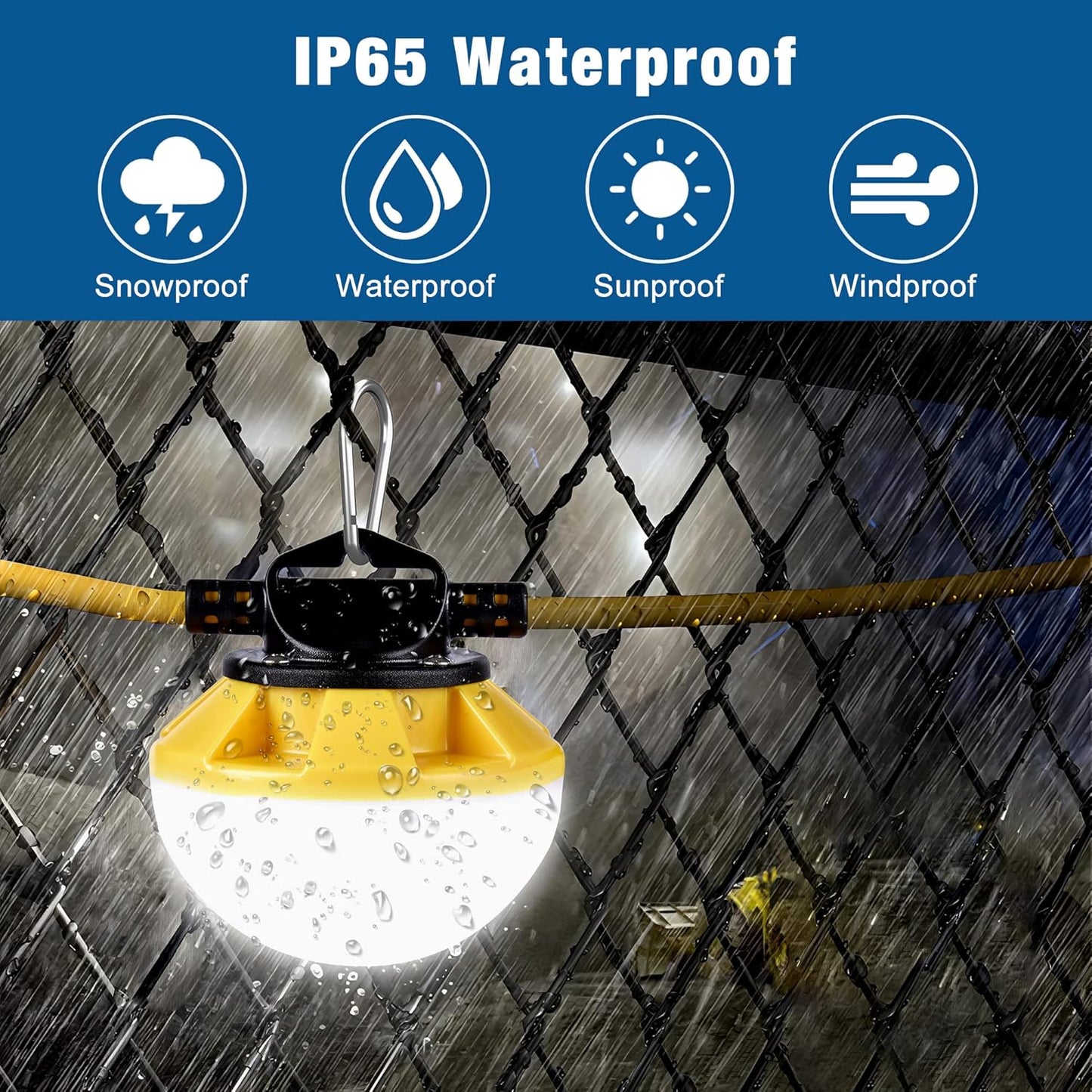 50FT Construction String Lights, IP65 Waterproof ETL Certified LED String Work Lights, 5000K Daylight 18AWG Wire Linkable Temporary Construction Lighting for Jobsite with 5 Bulbs & Hooks