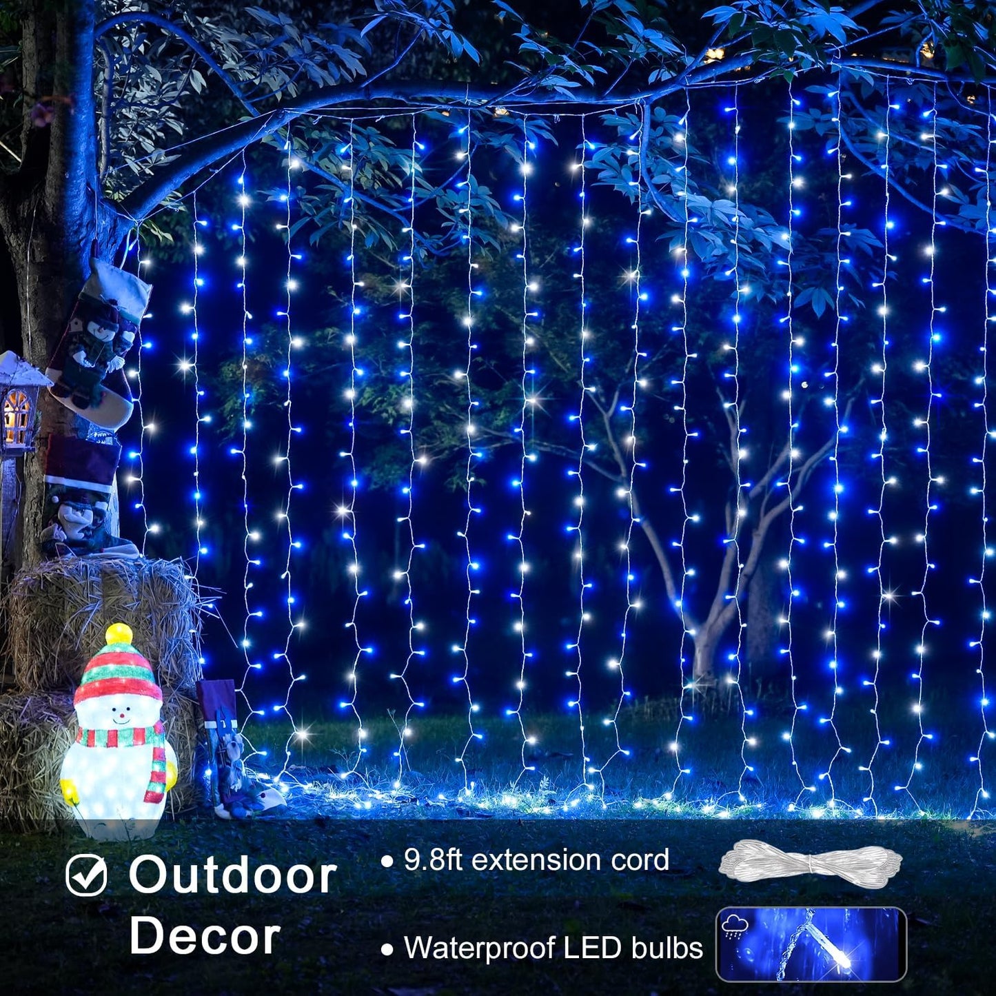 JMEXSUSS 300LED Christmas Curtain Lights Plug in with Remote, Blue and White Christmas Lights Indoor Outdoor, 8 Modes Hanging Fairy String Lights for Bedroom Window Wall Yard Patio Decor, 9.8x9.8ft