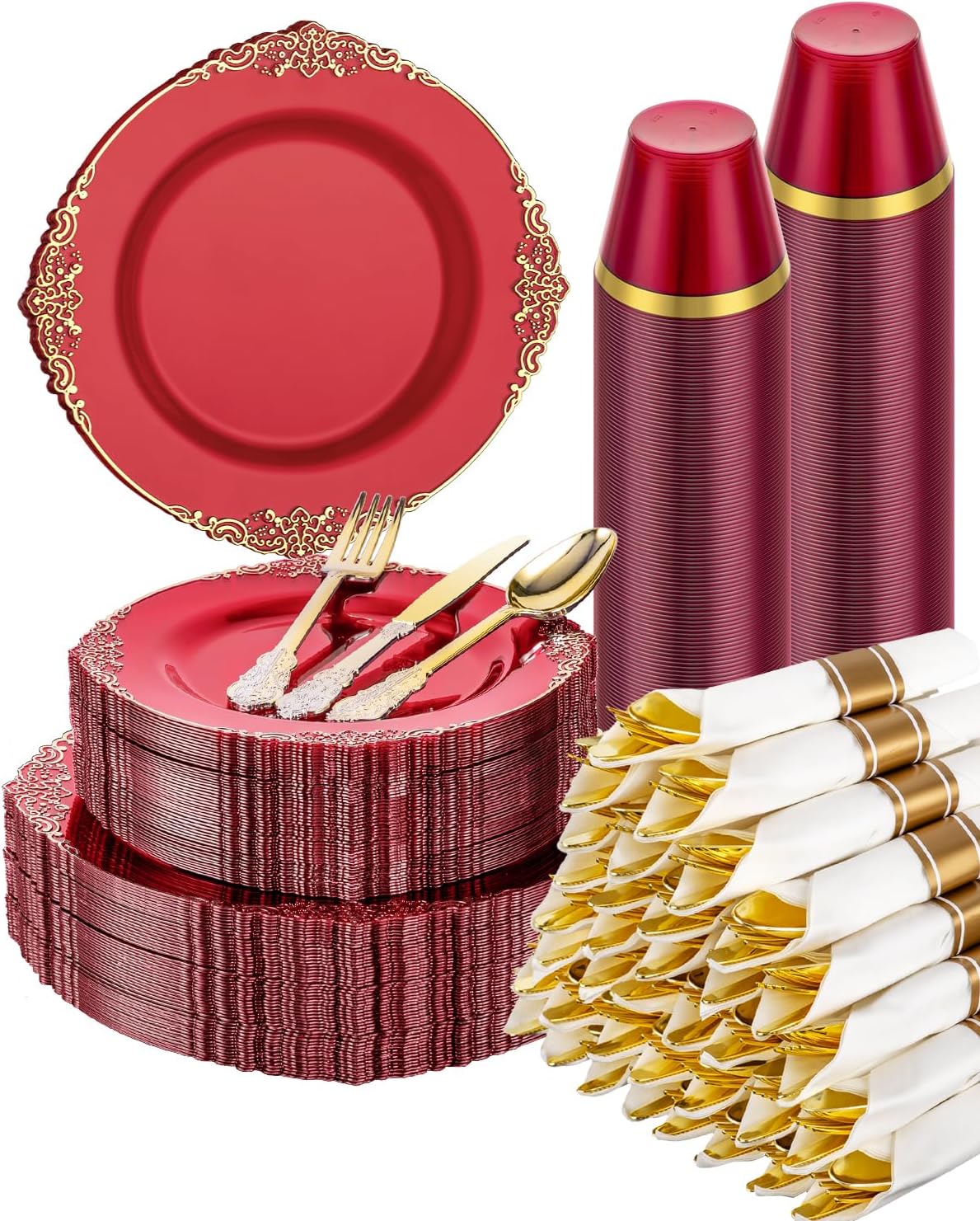 Goodluck 350 Piece Red Dinnerware Set for 50 Guests, Fancy Disposable Plates, Include: 100 Red Rim Plastic Plates, 150 Silverwares, 50 Pre Rolled Napkins, 50 Cups for Party, Wedding