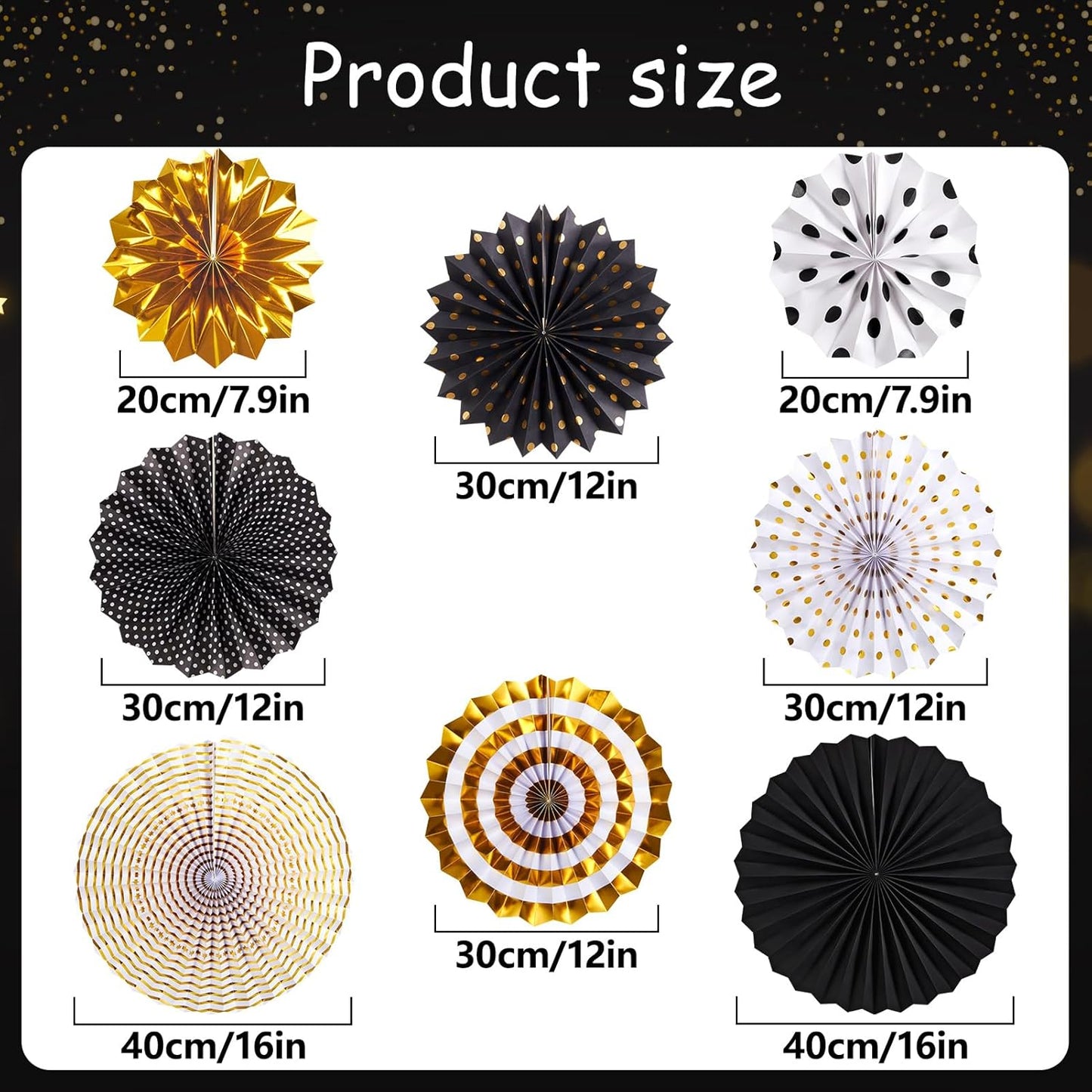 SUNBEAUTY Gold Black Paper Fans Backdrop for Tea Party Weddding Spring Birthday Classroom Baby Shower Halloween Decoration Hanging Home Party - 8Pcs