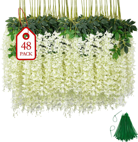 48 Pcs of Wisteria Hanging Flowers, 3.75 Ft Fake Flower Strings, Artificial Wisteria Flowers Hanging Garland for Backdrop, Wedding, Ceremony, Garden and Home Wall Decoration(White)