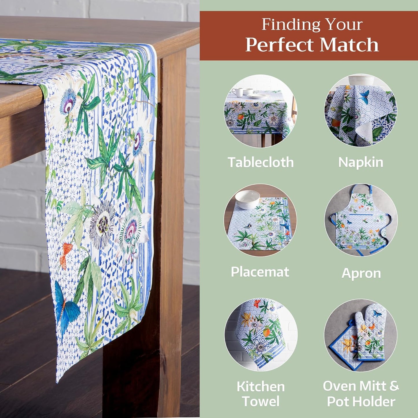 Maison d' Hermine Table runner 100% Cotton Single Layer Table Runners 72 inches long Decorative for Home Kitchen Dining Party Baby Shower Wedding Bridal Shower Spring Summer (Passiflora, 14.50" x 72")