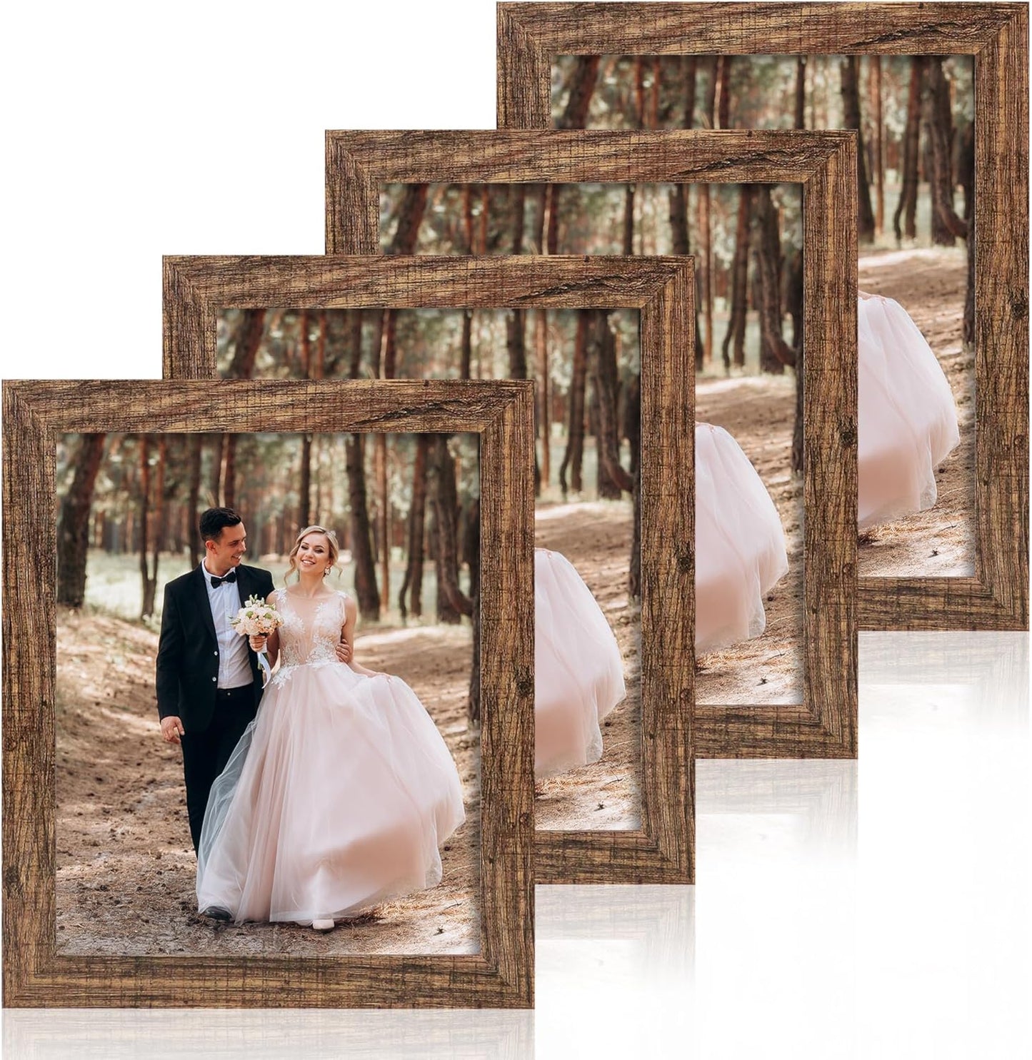 8x10 Picture Frame Set of 4, High Definition Glass Brown Frame, 8 x 10 Wood Rustic Picture Frames for Horizontal or Vertical Table Top and Wall Mounting