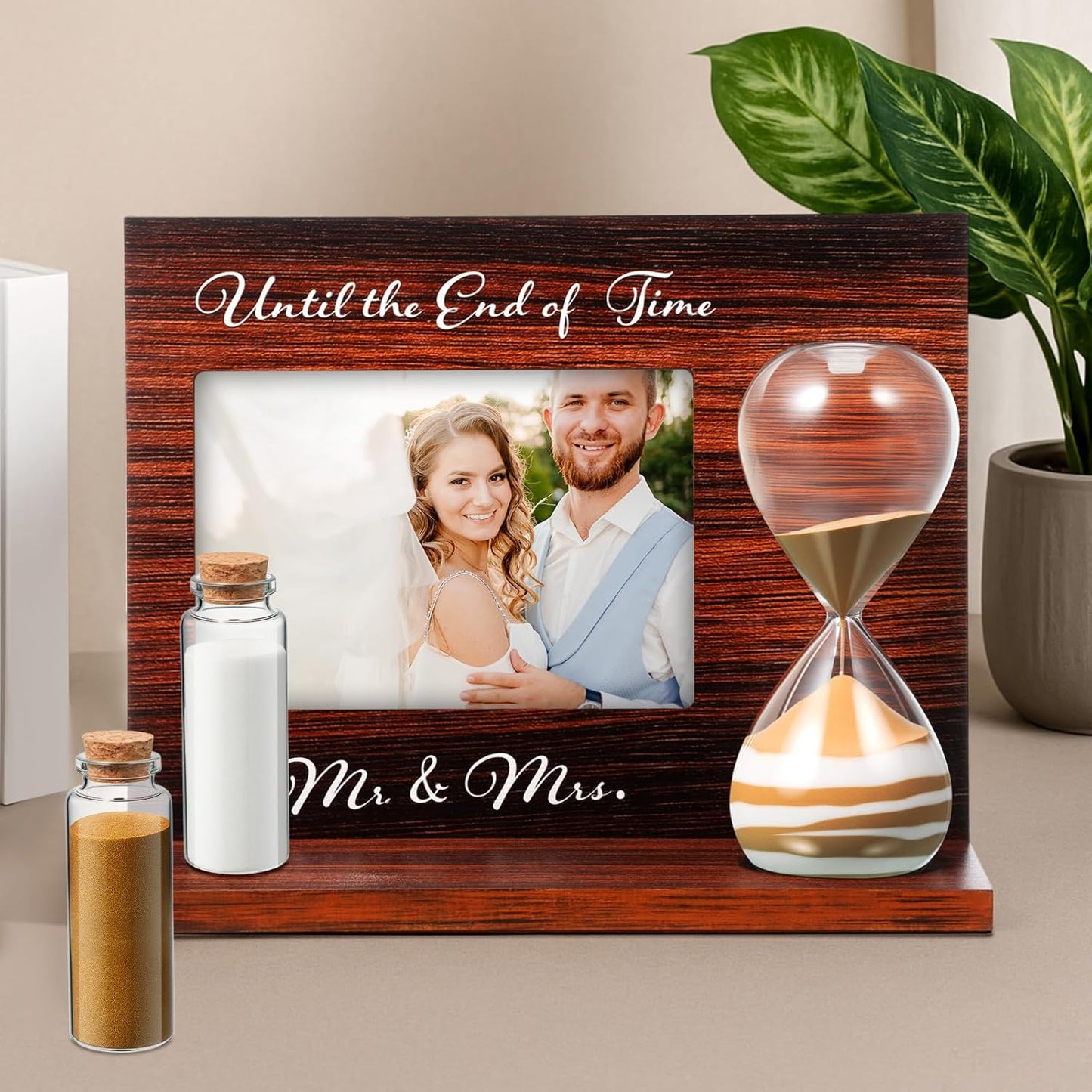 Blosssound Wedding Sand Ceremony Set Wooden Photo Frame, Hourglass Funnel, Sand, Glass Bottles, Mr and Mrs Until The End of Time Unity Kit for Weddings Ceremony Party Supplies(Walnut)
