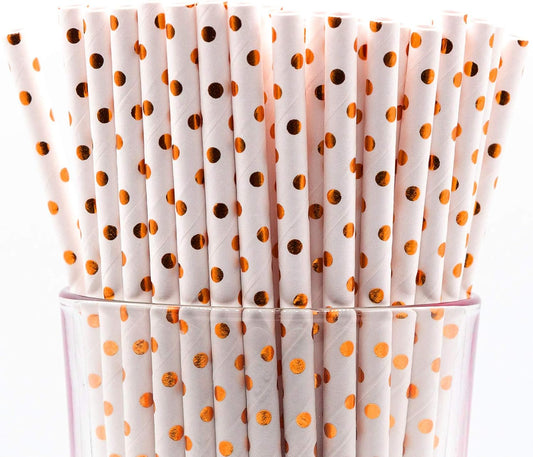 Pack of 900 Rose Gold Polka Dot Foil Biodegradable 4-Ply Paper Drinking Straws (Compostable, Non-toxic, BPA-free)