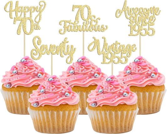 30Pcs Vintage 1955 Cupcake Toppers Glitter Seventy Happy 70th Birthday 70 Fabulous Cupcake Picks Cheers to 70 Years for 70th Birthday Wedding Anniversary Party Cake Decorations Supplies Gold