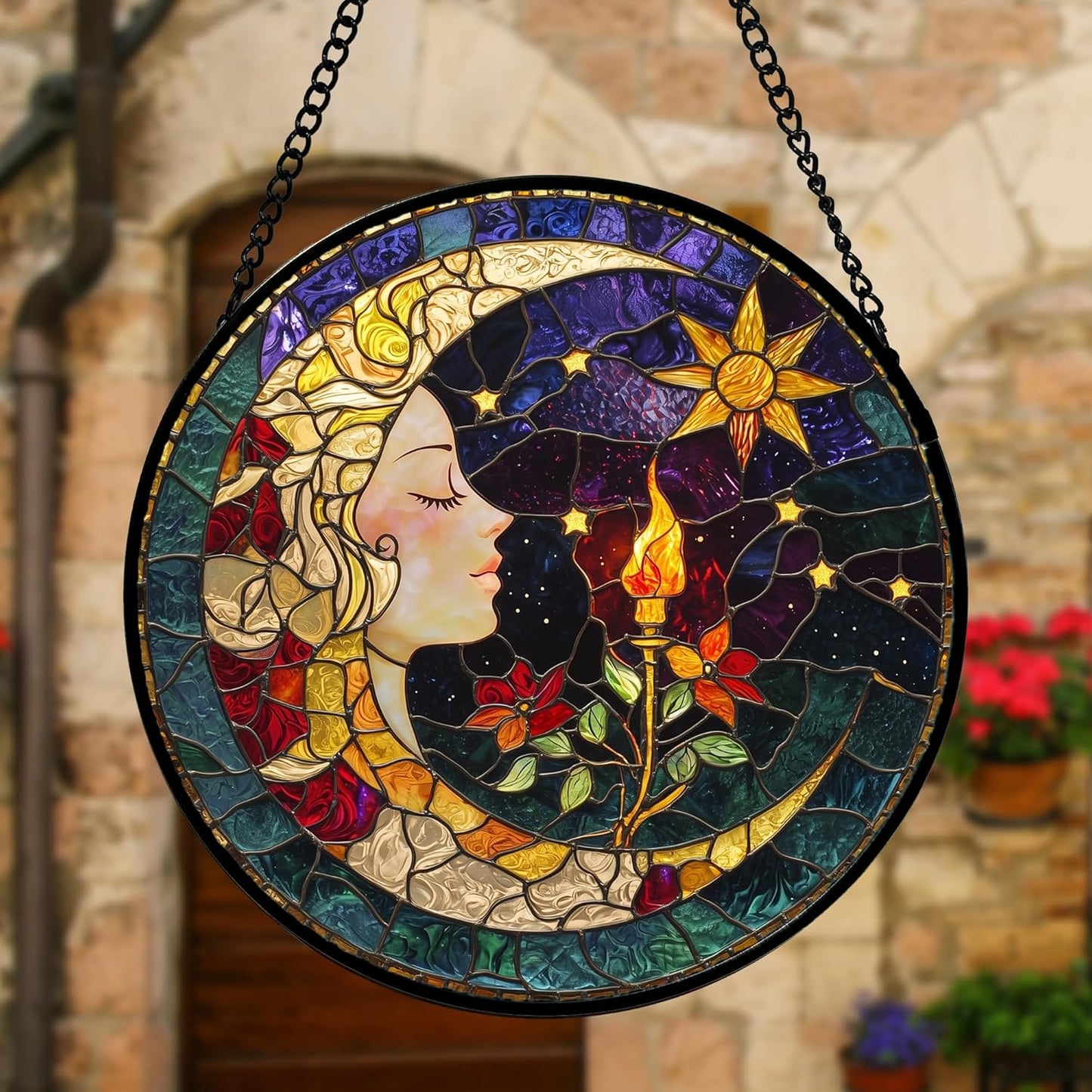 Stained Glass Window Hanging, Moon Goddess Torch Suncatcher Diamond Glass Panel Hangings Dream Sun Catchers Decor for Birthday for Women, Men, Wife, Aunt, and Mom 9.8 in