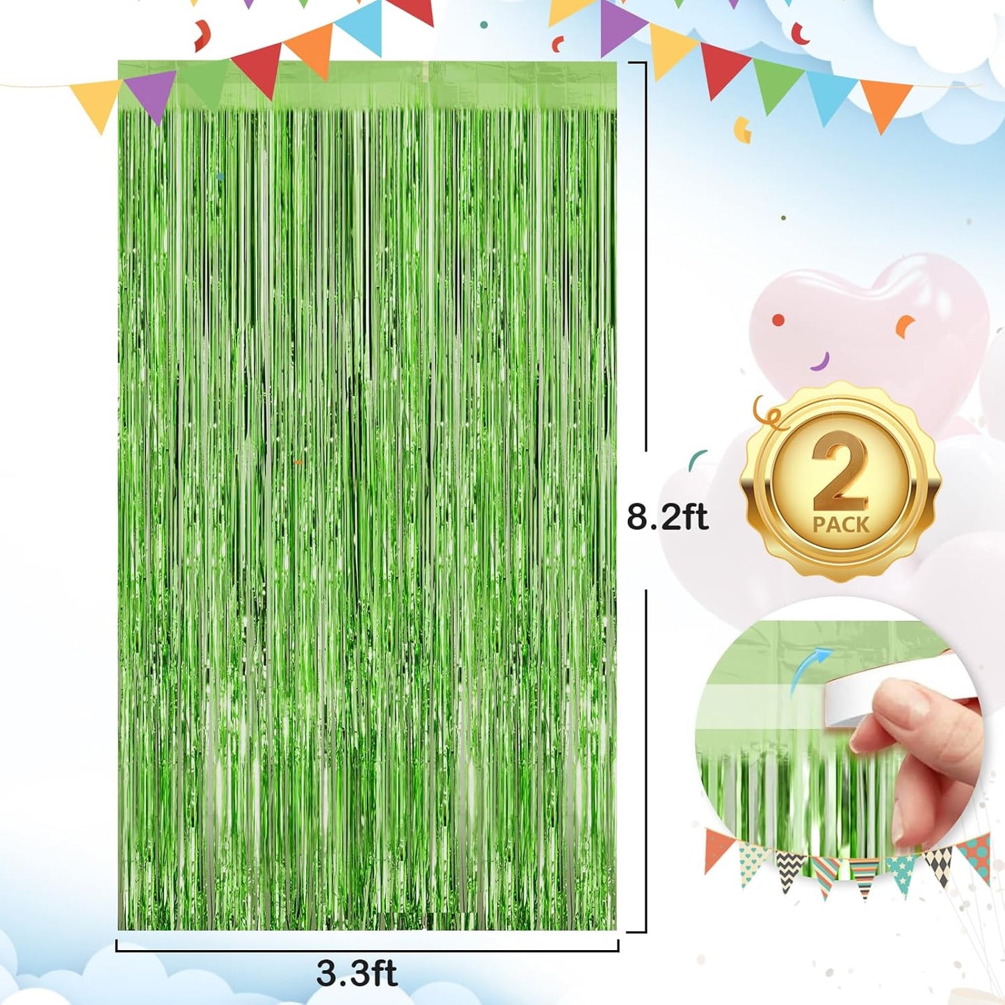 Grass Green Fringe Curtain Party Streamers 2Pack 3.3 x 8.3 Ft Foil Fringe Backdrop Curtains for Birthday Wedding Bridal Baby Shower Holiday Tinsel Streamers Green Party Decorations Door Streamer