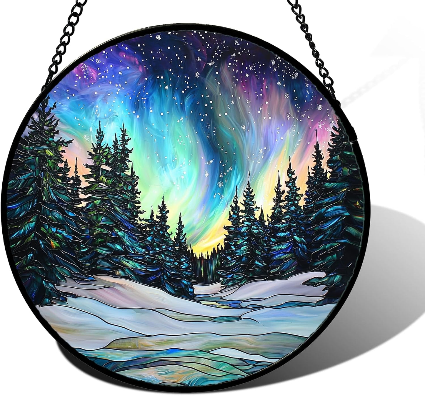 Stained Glass Window Hanging, Aurora Landscape Sun Catchers Glass Panel Green Trees Suncatcher Decor for Birthday for Women, Men, Wife, Aunt, and Mom 11.8x11.8 in