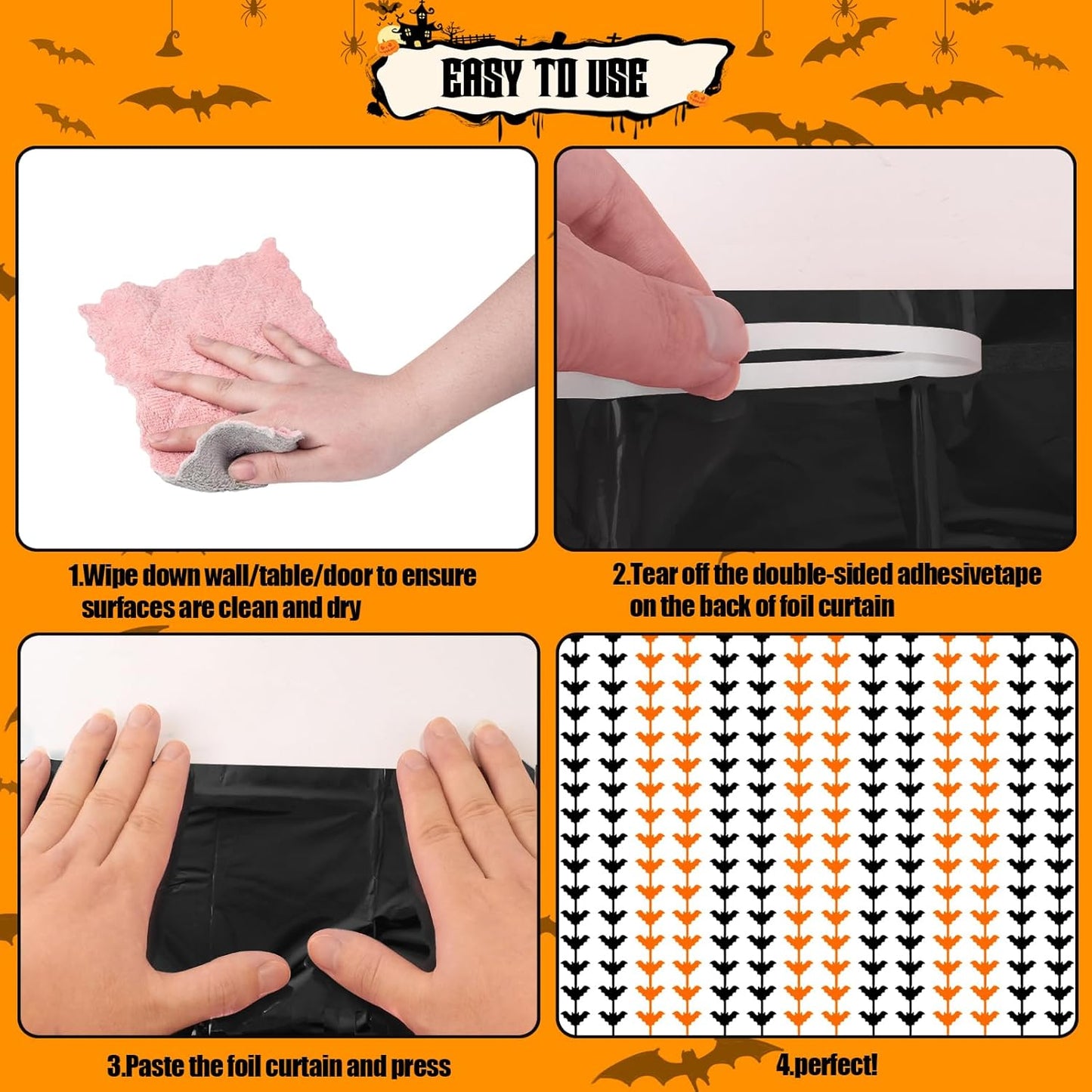 CANREVEL 2 Pack 3.2x6.5 Feet Halloween Foil Fringe Backdrop Curtains, Black and Orange Bat Tinsel Streamers Party Decorations, Fringe Backdrop for Wall Door Indoor Outdoor Decorations