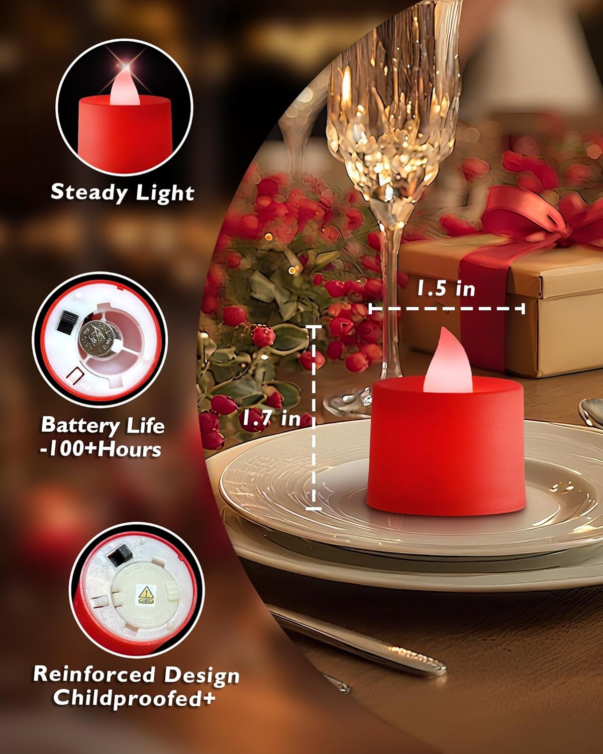 Amagic 24 Pack Red LED Tea Lights, Flameless Votive Candles Battery Operated, Electric Fake Colored Tealights Candles for Party, Halloween, Christmas, Aniversary, Wedding Table Centerpiece, Proposal
