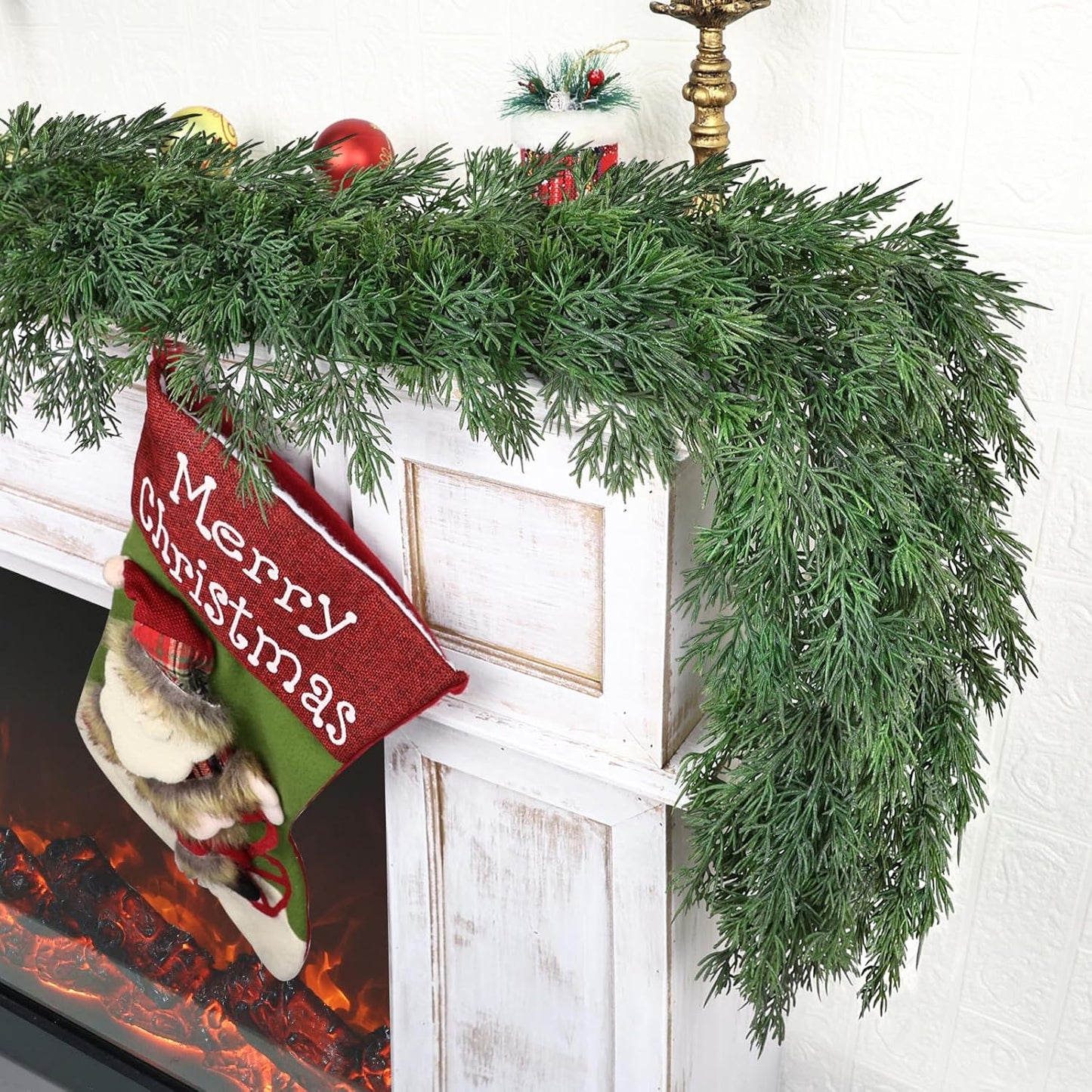 16ft Christmas Cedar Garland, Real Touch Pine Garland, Realistic Cypress Garlands Christmas Decorations for Mantel, Table, Stairs, Porch - Indoor Outdoor Xmas Holiday Decor