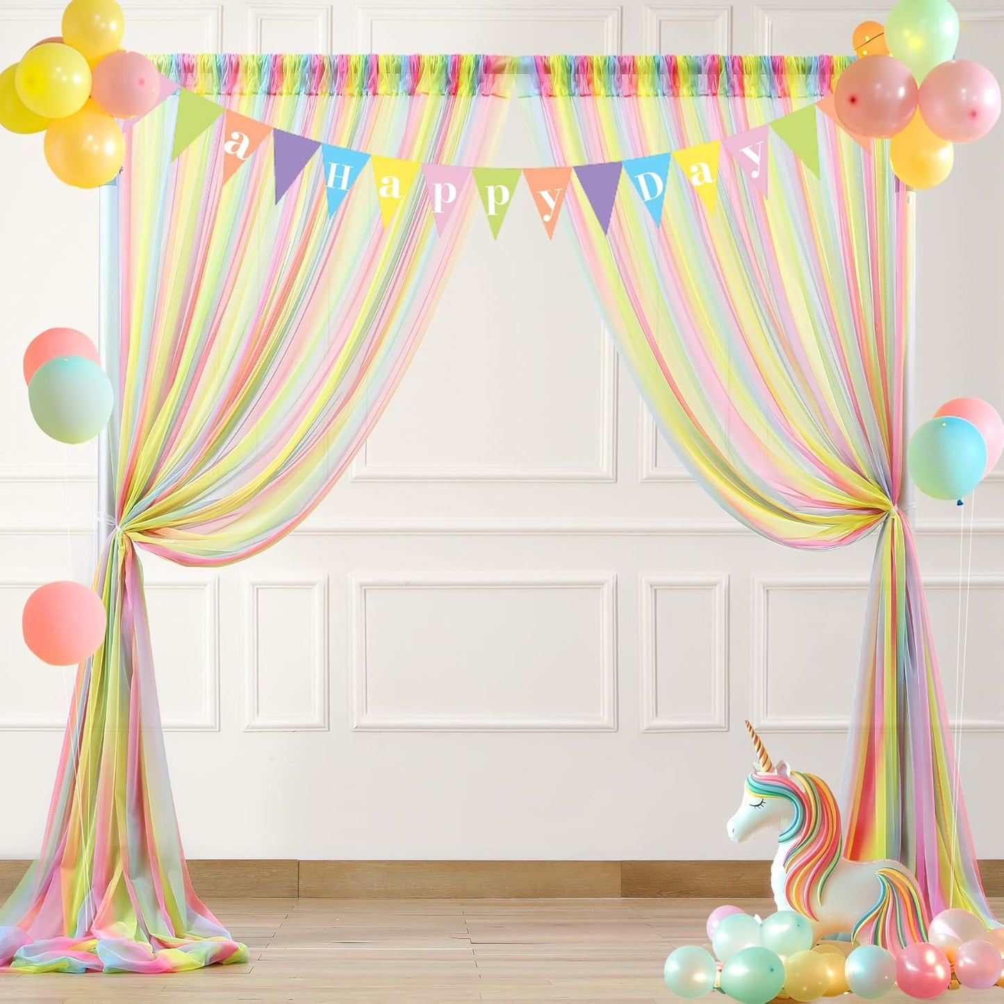 Rainbow Tulle Backdrop Curtain for Birthday Party Decorations 10ft x 10ft Sheer Backdrop Curtains for Unicorn Birthday Baby Shower Girls Photo Shoot Decorations 2 Panels 5ft x 10ft