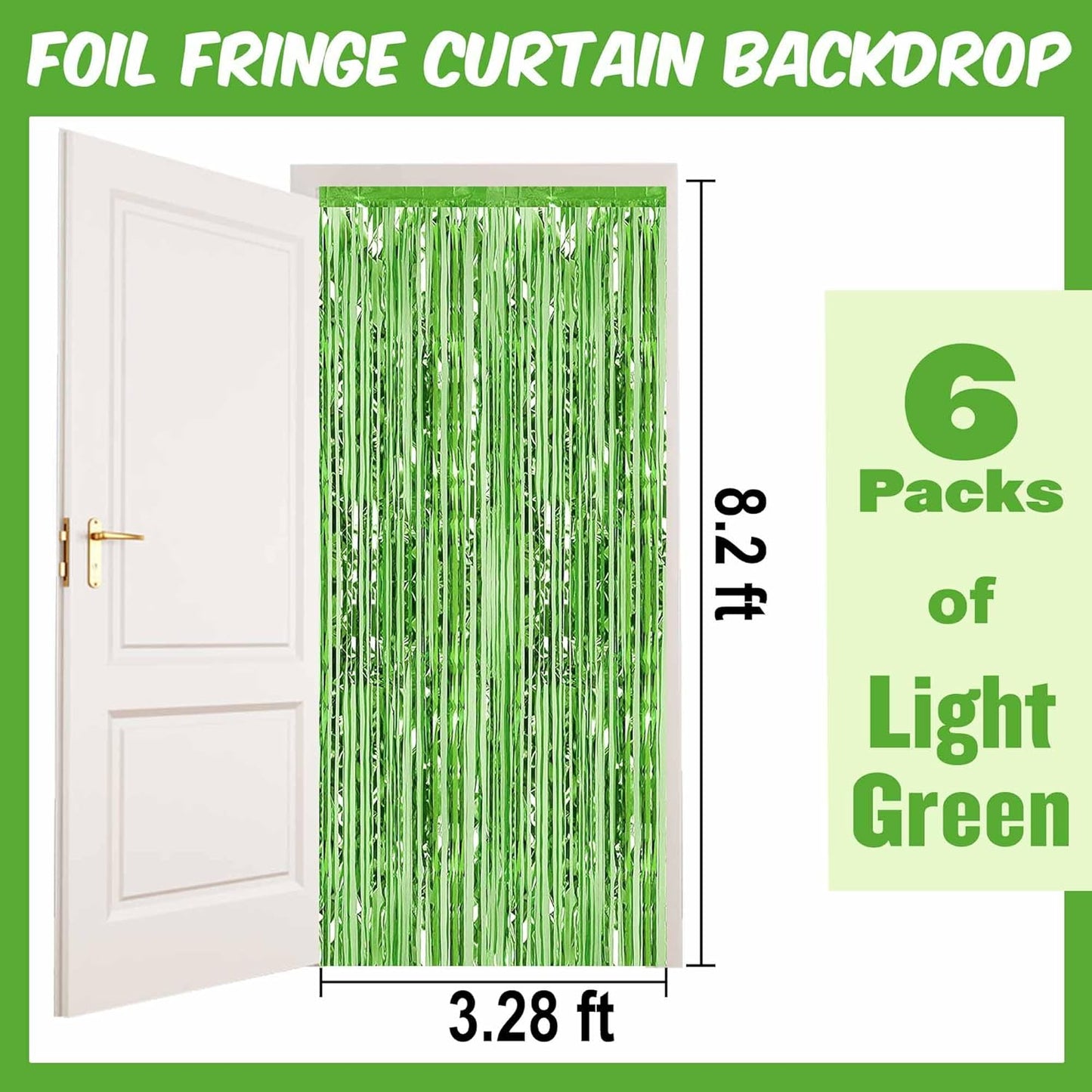 6 Pack Light Green Foil Fringe Curtains Backdrop, 3.28 x 8.2 Ft Metallic Streamers Tinsel Curtains Background for Photo Booth, Birthday, Weddings, Carnivals, Graduation, Themed Party Decorations