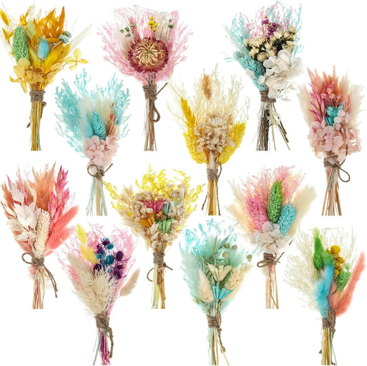 Layhit 12 Pack Boho Dried Flower Bouquet Mini Wedding Handmade Dry Flowers Decor for Vase Crafts DIY Photo Boutonniere for Men Floral Plant for Bridesmaid Gift Birthday Decor