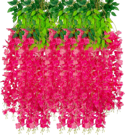 24 Pack Fuchsia Wisteria Hanging Flowers Garland, 3.77 Feet Artificial Flower Vines, Fake Wisteria, Artificial Vines Hanging Garland for Backdrop Outdoor Yard Garden Decor