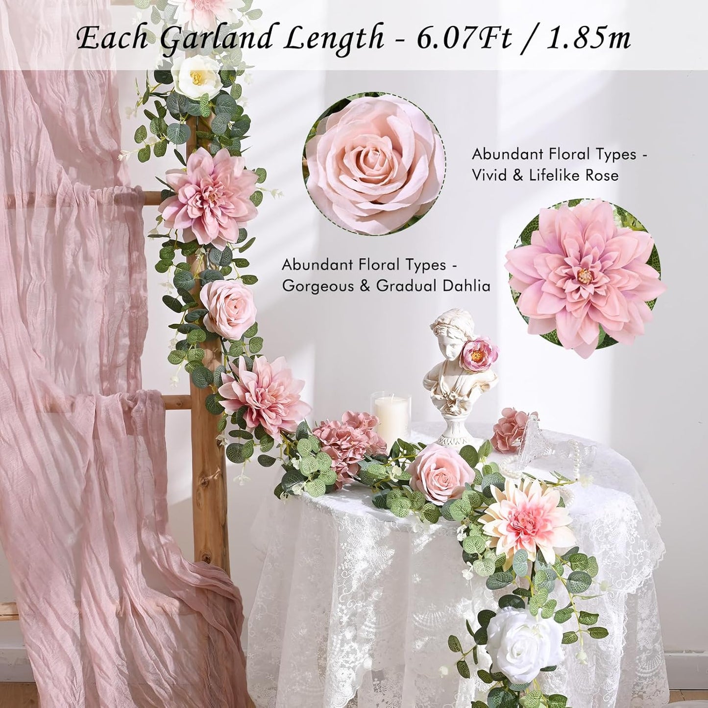 Waipfaru Artificial Flower Garland, 6.07ft Eucalyptus Garland with Flowers for Wedding Reception Table Mantle Room Decor (Rose Pink)